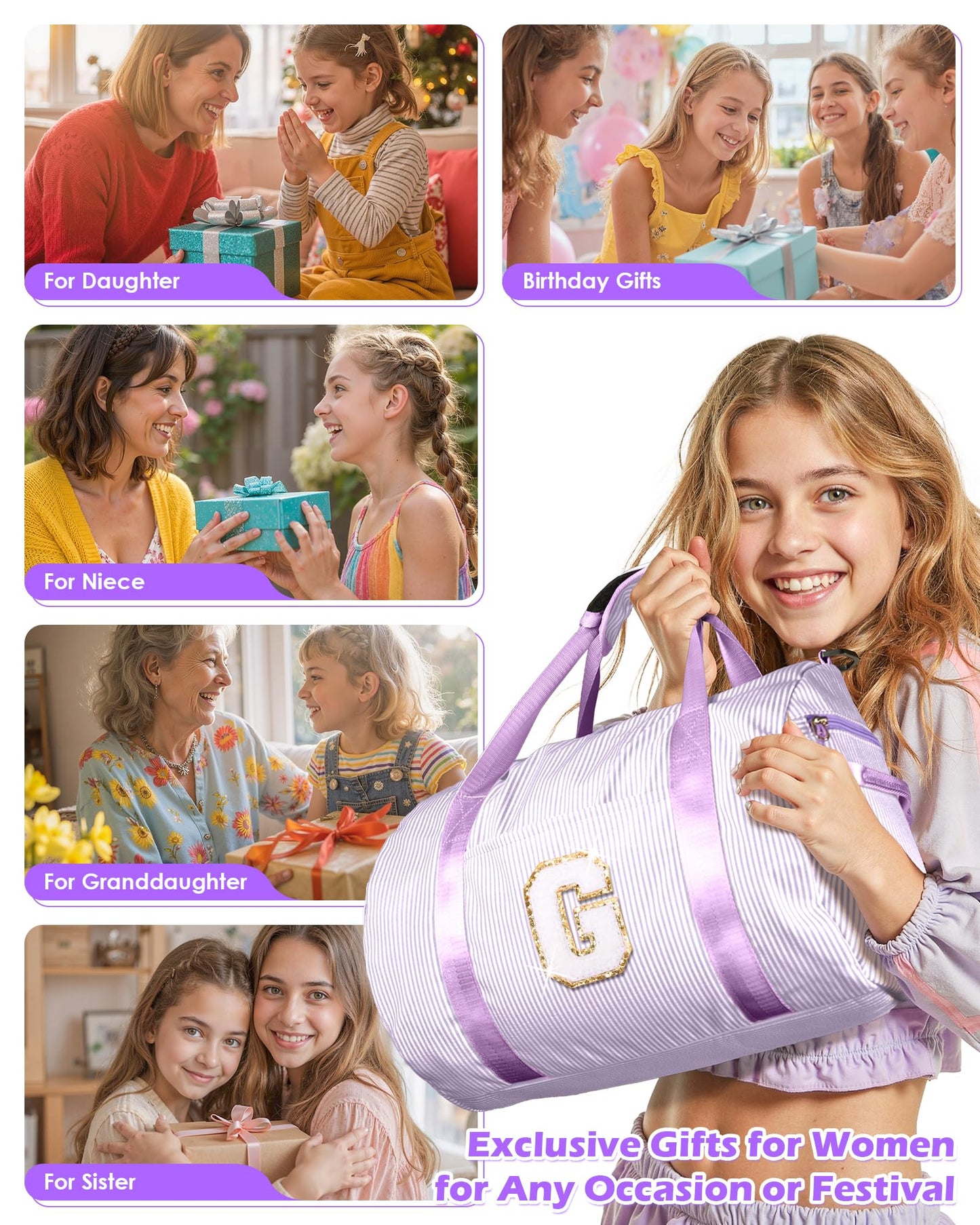 Vogewood Dorm Room Essentials, Girls Travel Duffle Bag, Kids Initial Overnight Duffel Bags with Shoe Compartment, Personalized Dance Bag with Cosmetic Pouch, Gifts for Teenager (Letter G)