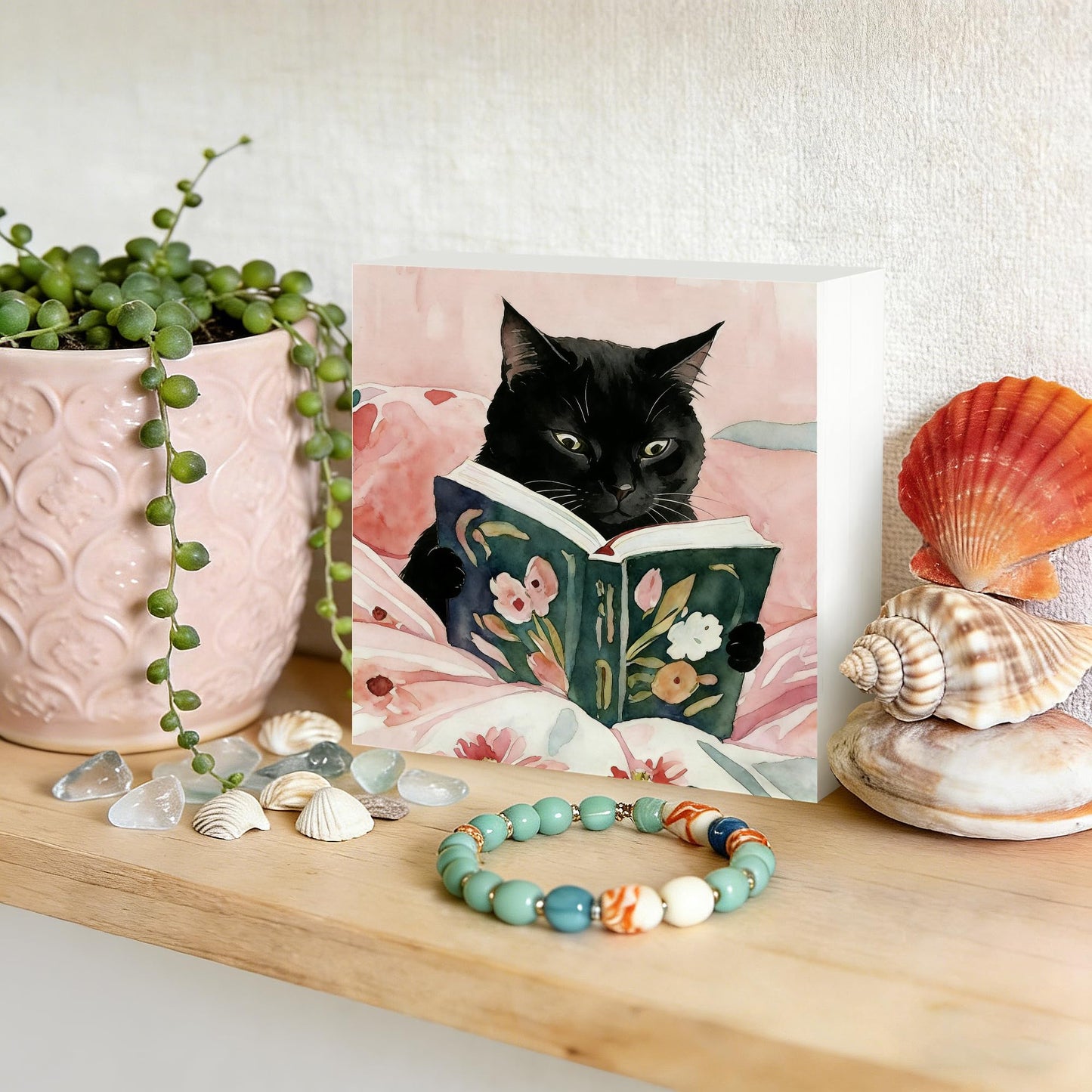 NHGMHBD Funny Black Cat Reading Book Wooden Box Sign 5x5 Inch, Reading Room Nook Corner Decor, Pink Bookish Kitten Decorative Wood Signs for Library Book Room Nook Home Desk Tabletop Shelf Decorations