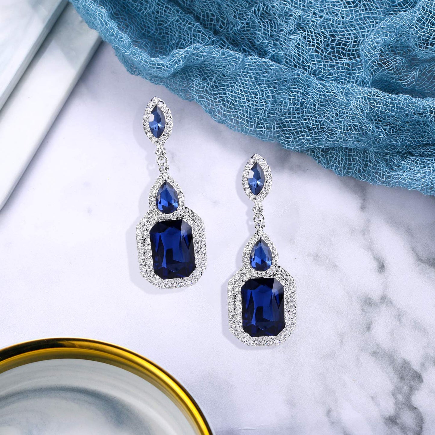BriLove Wedding Bridal Dangle Earrings for Women Emerald Cut Crystal Infinity Figure 8 Chandelier Jewelry Navy Blue Sapphire Color Silver-Tone