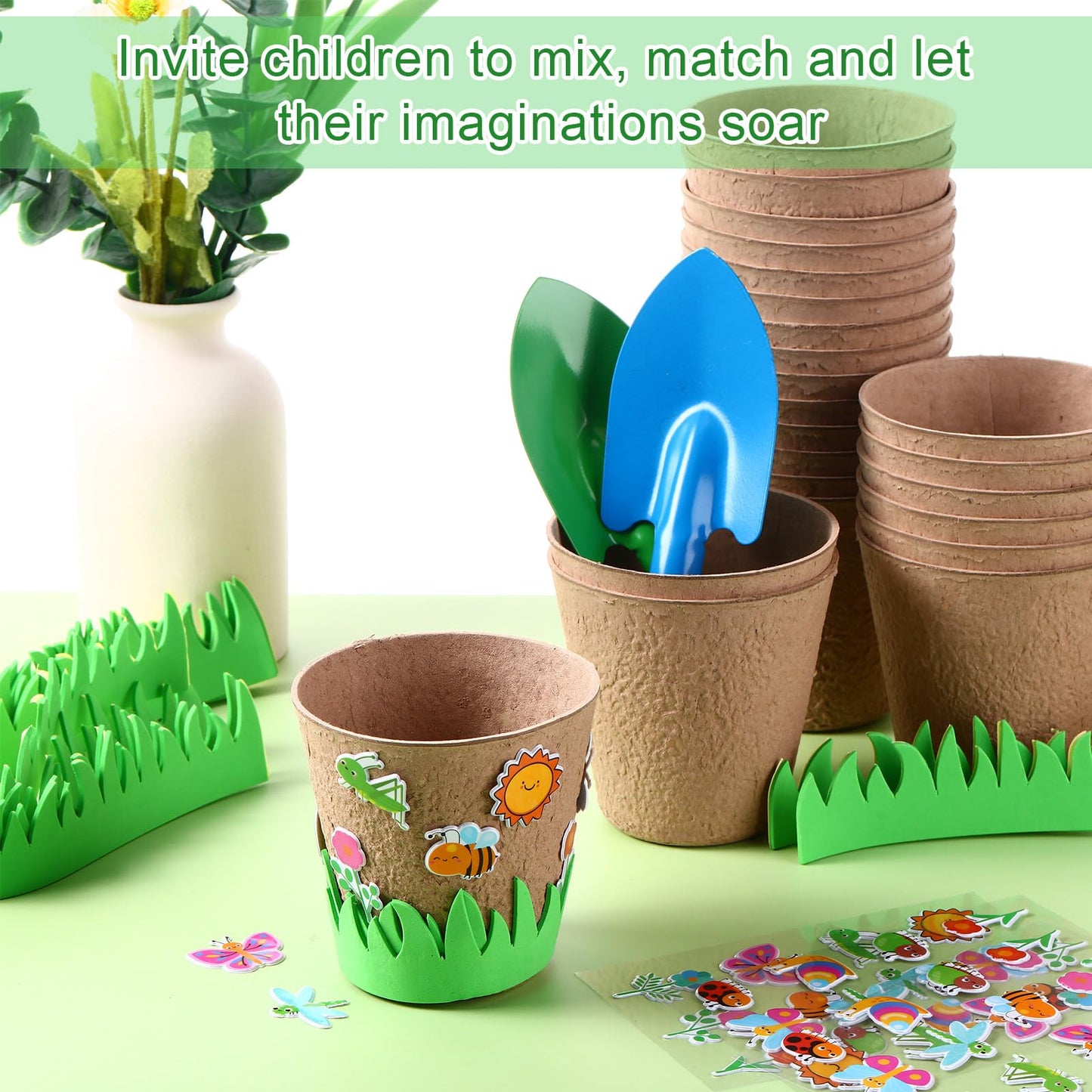 Sunnychicc 72 Pcs 4 Inch Garden Paper Pot Craft Kit Spring Crafts Bulk Including Round Paper Mache Pots Adhesive Foam Sticker EVA Grass Sticker Mother's Day DIY Planting Growing Garden Kit