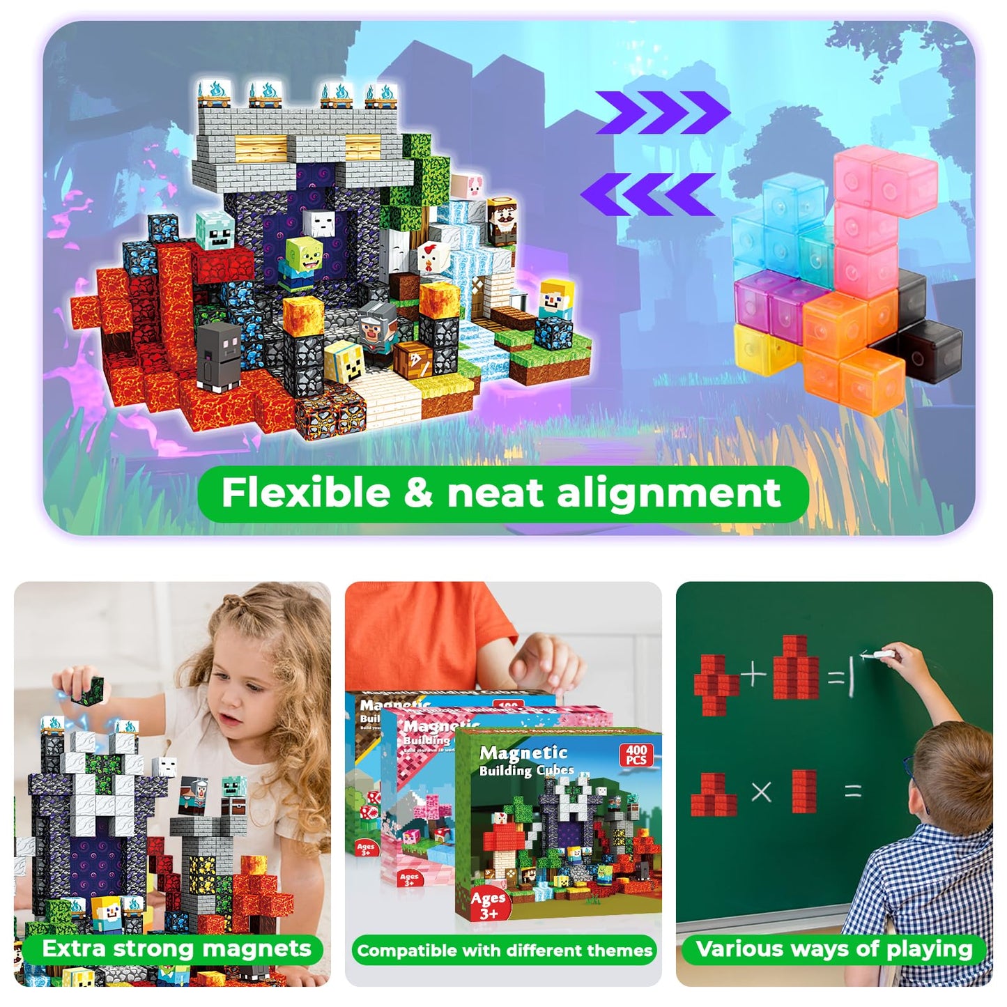 400 PCS Magnetic Blocks - Building Block for Kids, Stacking Magnet Cubes for Boys Girls, STEM Educational Montessori Magnetic Constructions Toys, Sensory Play Game Birthday Gifts Ages 3-12