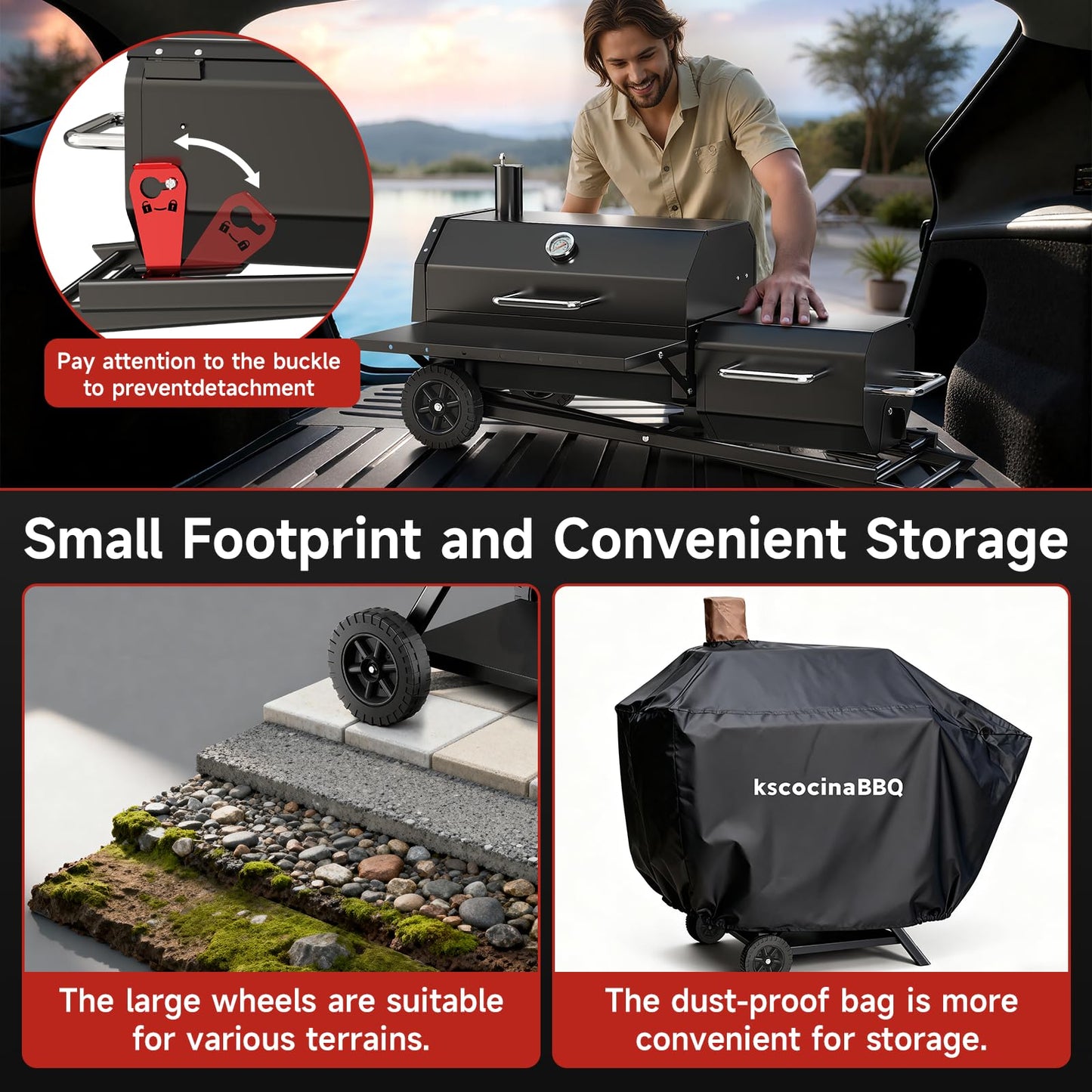 kscocinaBBQ Portable Charcoal Grill with Smoking Function, Foldable Suitcase Design with Wheels, Multi-Tier Storage Rack & Waterproof Cover for Outdoor BBQ Parties (Black)
