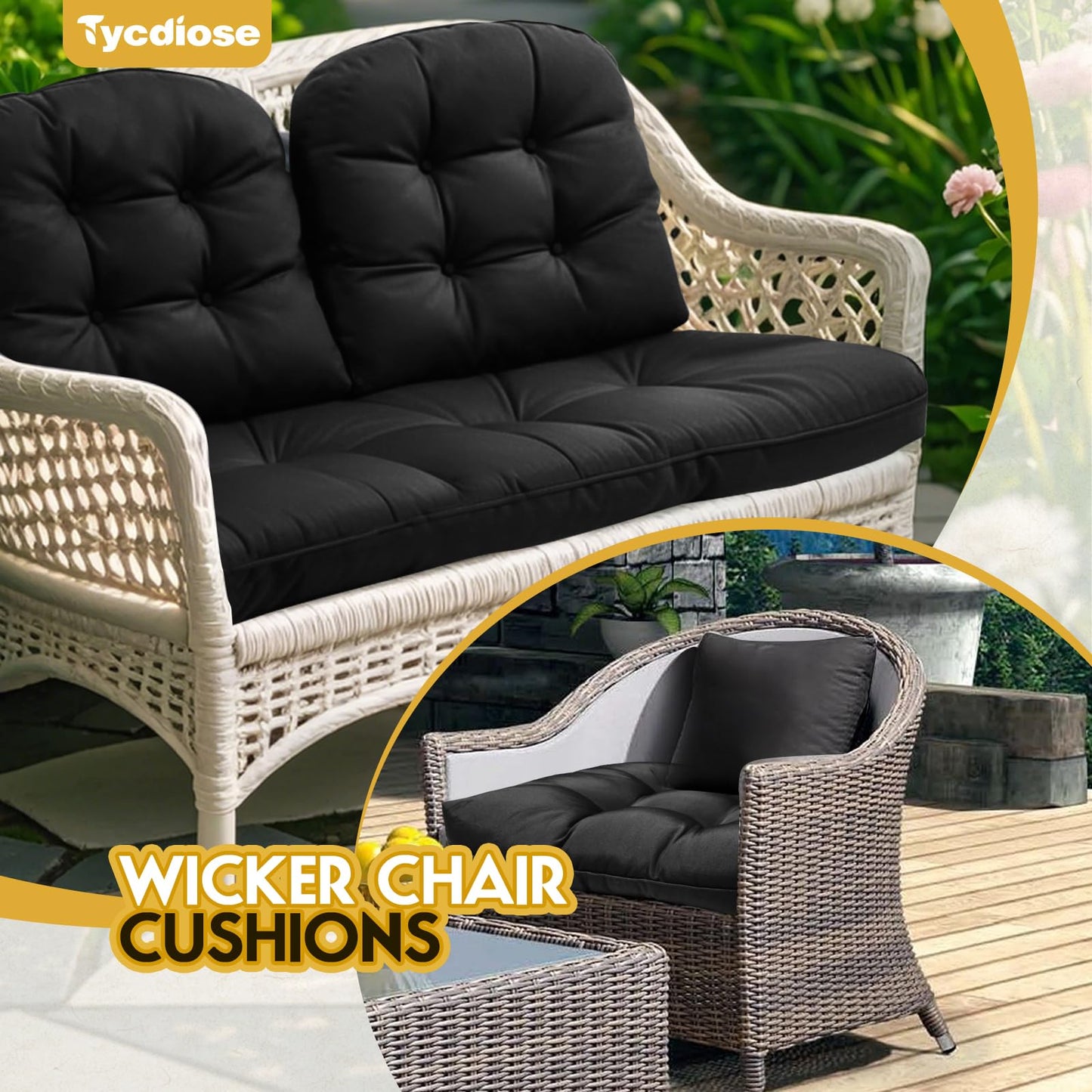 Tycdiose All Weather Wicker Chair Cushions of 3 Pieces, Waterproof Outdoor Wicker Chair Cushion for Patio Furniture Loveseat Settee Bench, 1 Loveseat and 2 U-Shaped Thickened Cushions, Black