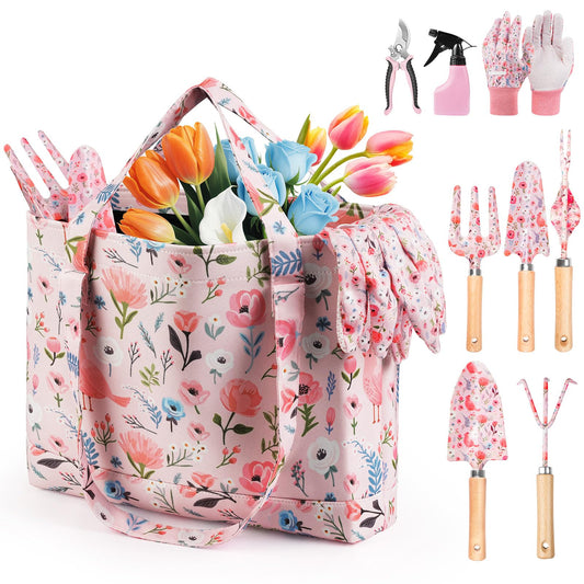 Grenebo Gardening Tools, 10-Piece Gardening Gift Set for Women, Rust-Proof & Heavy-Duty Tools with Floral Organizer Bag, Fashionable & Thoughtful Gift for Garden Women (Pink)