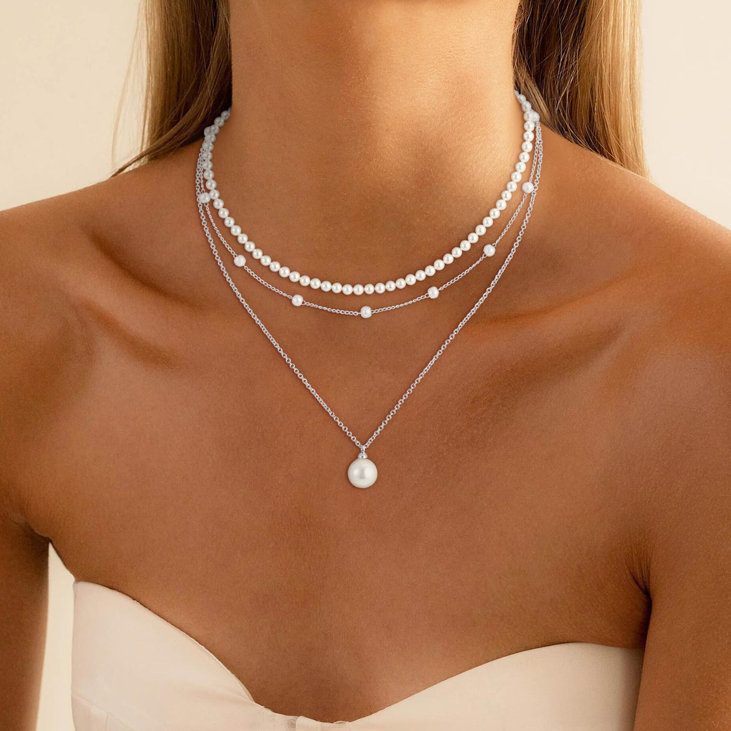 Fezodo Pearl Necklaces for Women Trendy, Dainty Silver Pearl Necklace Simple Layered Pearls Choker Necklace Stack Cute Pearls Wedding Bride Jewelry Silver Layered Necklaces for Women Jewelry Gifts