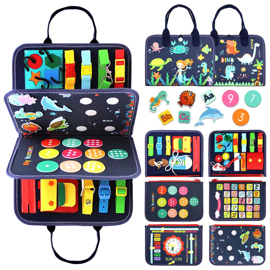 Qizfun Montessori Busy Board & Busy Book for Toddlers – Sensory & Learning Toy That Keeps Kids Busy, Travel Toy for Airplane & Car, Screen for Boys & Girls (Blue/P4)