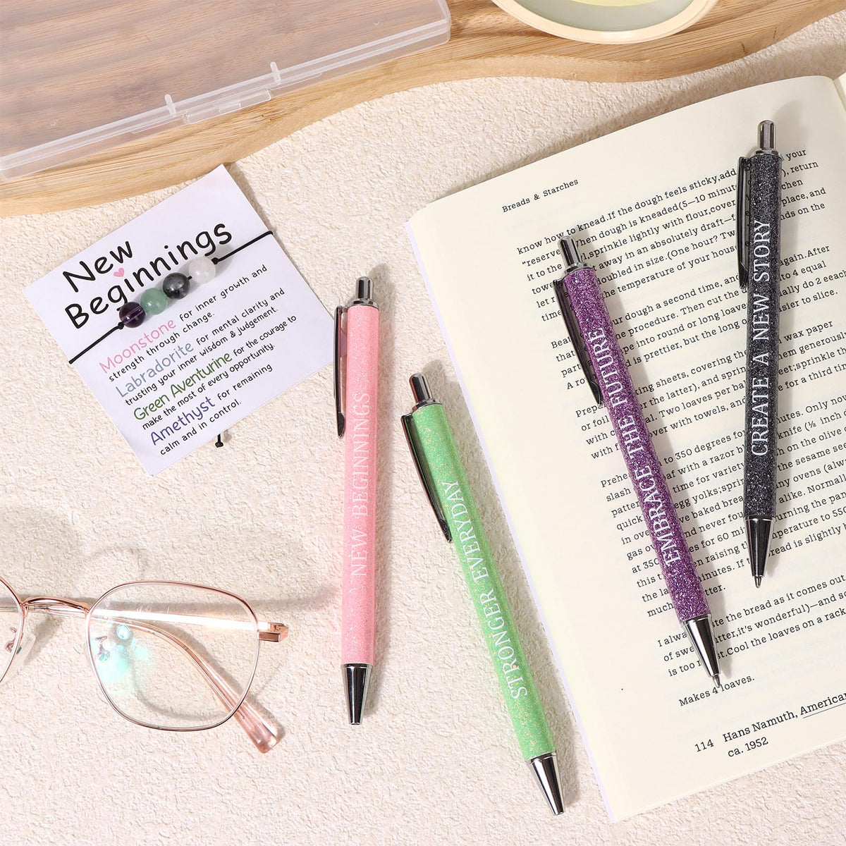 Set of 7 Going Away Gifts for Coworkers Women New Beginning Gift 4 Fancy Inspirational Ballpoint Pen and Crystal Bracelet with Card Goodbye Farewell Encouragement Leaving Job Office Present