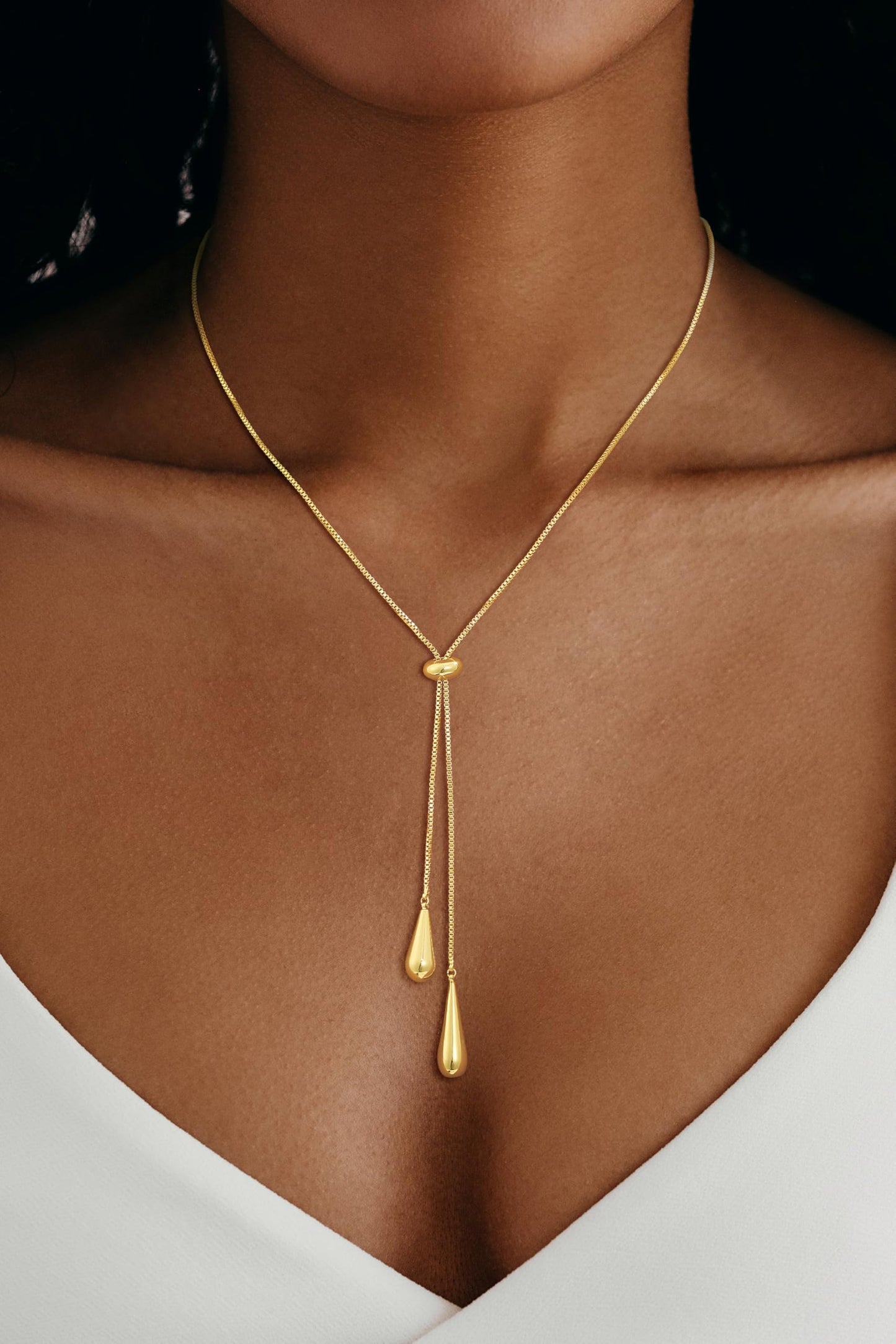 CHESKY Lariat Gold Necklace for Women, Dainty Long Necklace 14k Gold Plated Y-Shaped Pendant Necklace Trendy Large Water Droplet Chain Drop Necklaces Simple Gold Jewelry for Women Gifts