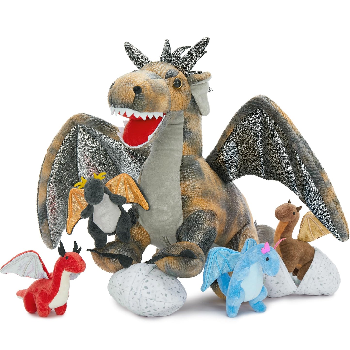 Karister 7Pcs Gray Dragon Plush Toy Set, Mother Flying Dinosaur Stuffed Animal with 4 Baby Dragon & 2 Eggs Inside, Dinosaur Stuffed Toy for Kids, Christmas Birthday Children's Day Gift for Boys Girls