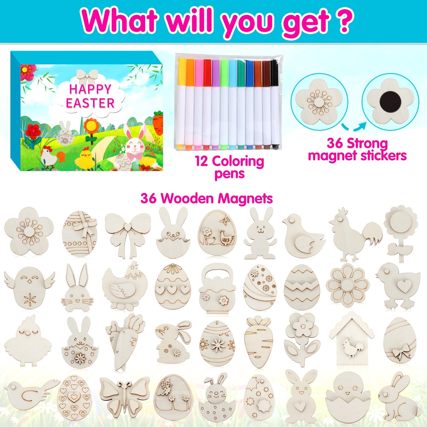 Worgree Easter Crafts for Kids, 36 Pcs DIY Wooden Magnets Art Craft Supplies Painting Kit for Boys Girls Ages 4-8 8-12 Birthday Easter Activities Toys Gifts Party Favors Basket Goodie Bag Stuffers