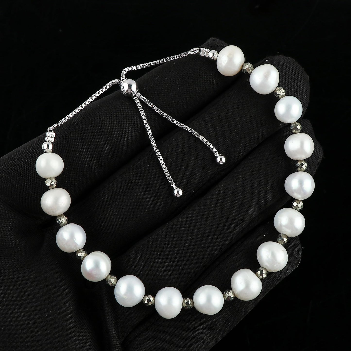 CRYSTALIS Natural Pyrite And Freshwater Pearl Beaded Bracelet, Elegant Beads Crystal, Chakra Bracelet, Healing Bracelet, Gemstone Jewelry, Friendship Bracelet, 925 Sterling Silver Slider 10 inch