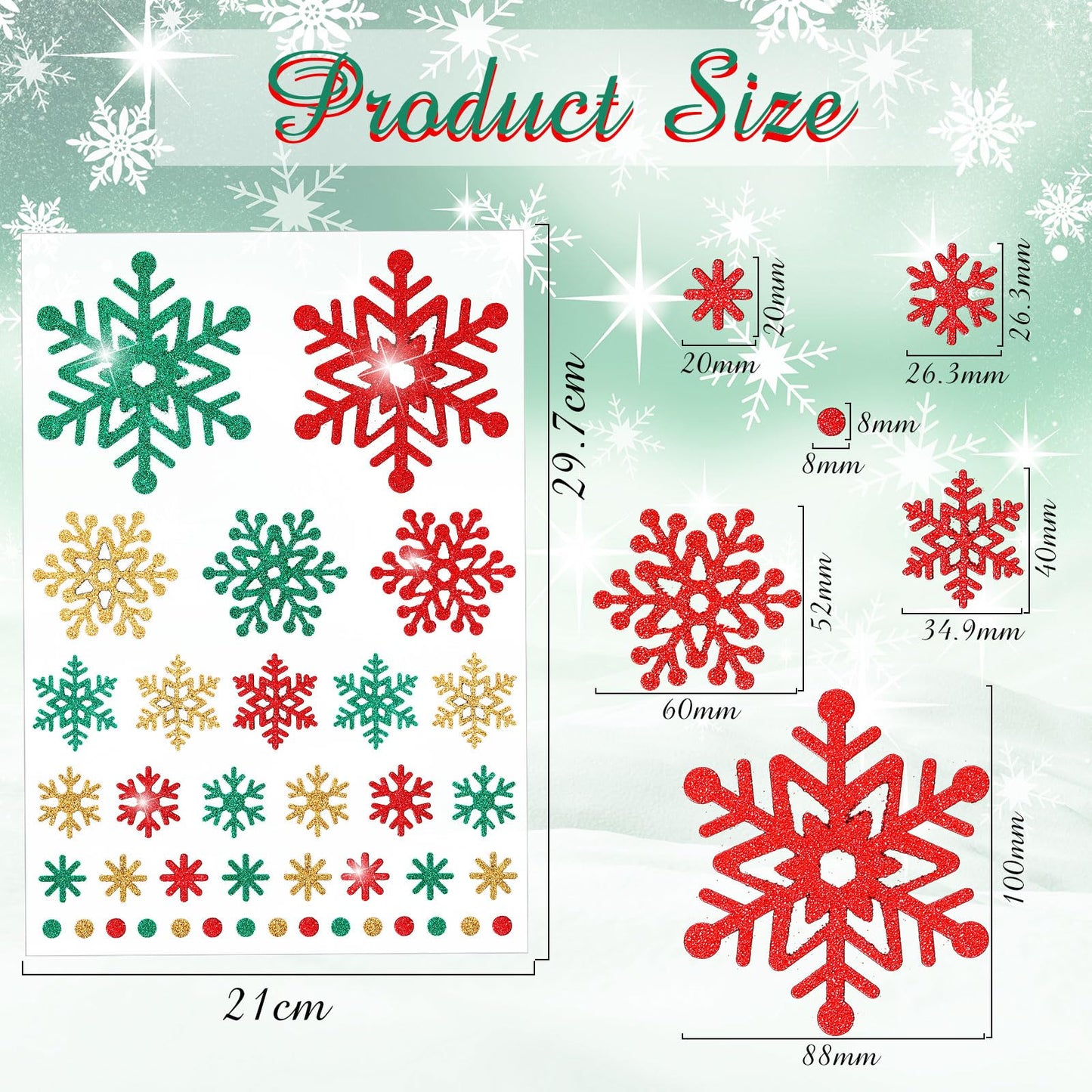 Outus 16 Sheets Snowflake Stickers Glitter Winter Frozen Stickers Snowflake Party Favors Christmas Scrapbook Crafts Assorted Size, 39 Pcs Snow Flakes Dot Decals Per Sheet (Red,Green,Gold)