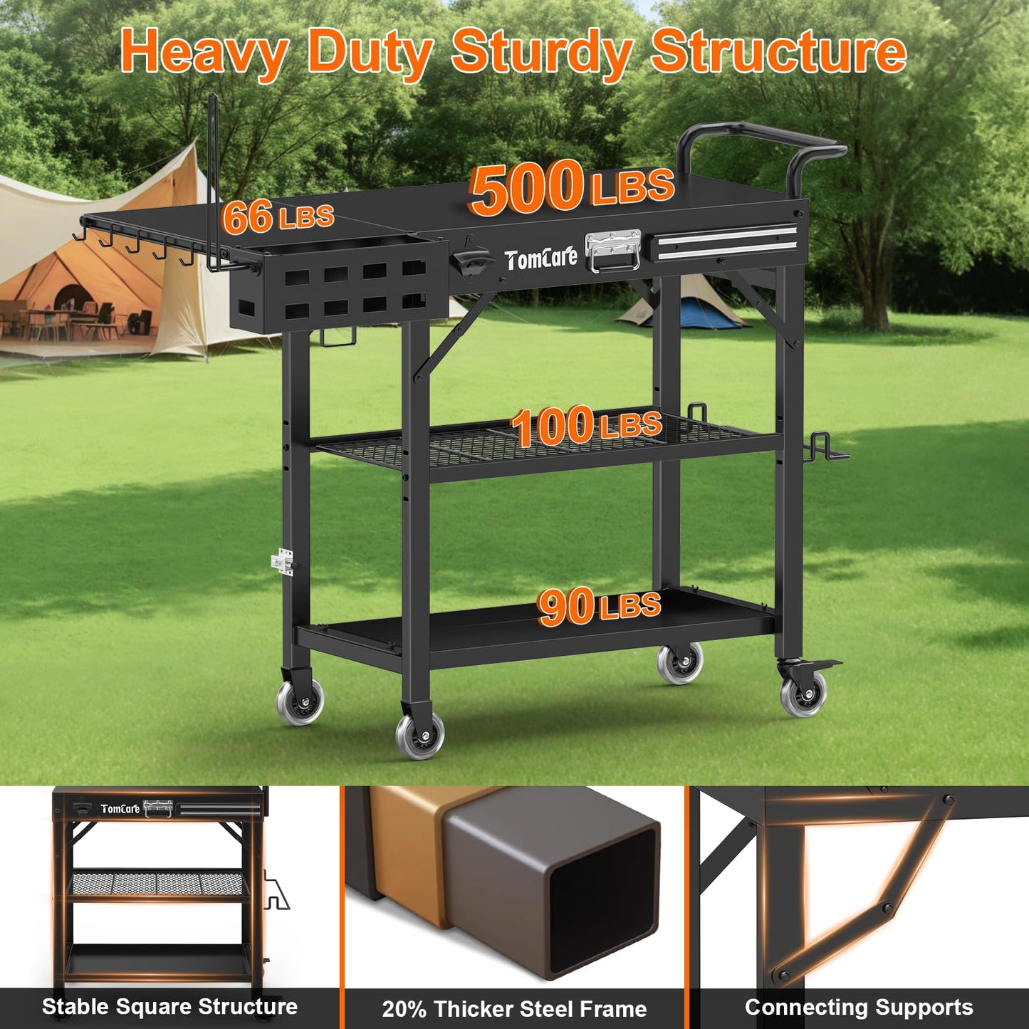 TomCare Grill Table with 3-Tier Storage Shelves Lockable Wheels Grill Cart with Silicone Grill Mat Heavy Duty Outdoor Tabletop Griddle Stand Holds 500Lbs Fits 22” Blackstone Ninja Cuisinart BBQ Grill
