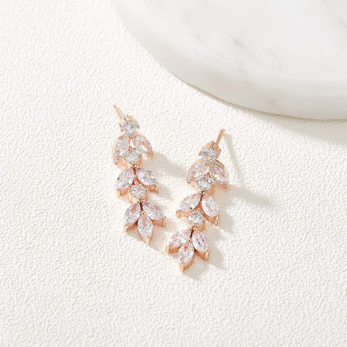 SWEETV Rose Gold Cubic Zirconia Wedding Earrings for Brides Bridesmaids, Elegant Marquise Bridal Dangling Earrings, Crystal Drop earrings for Women Jewelry Gifts