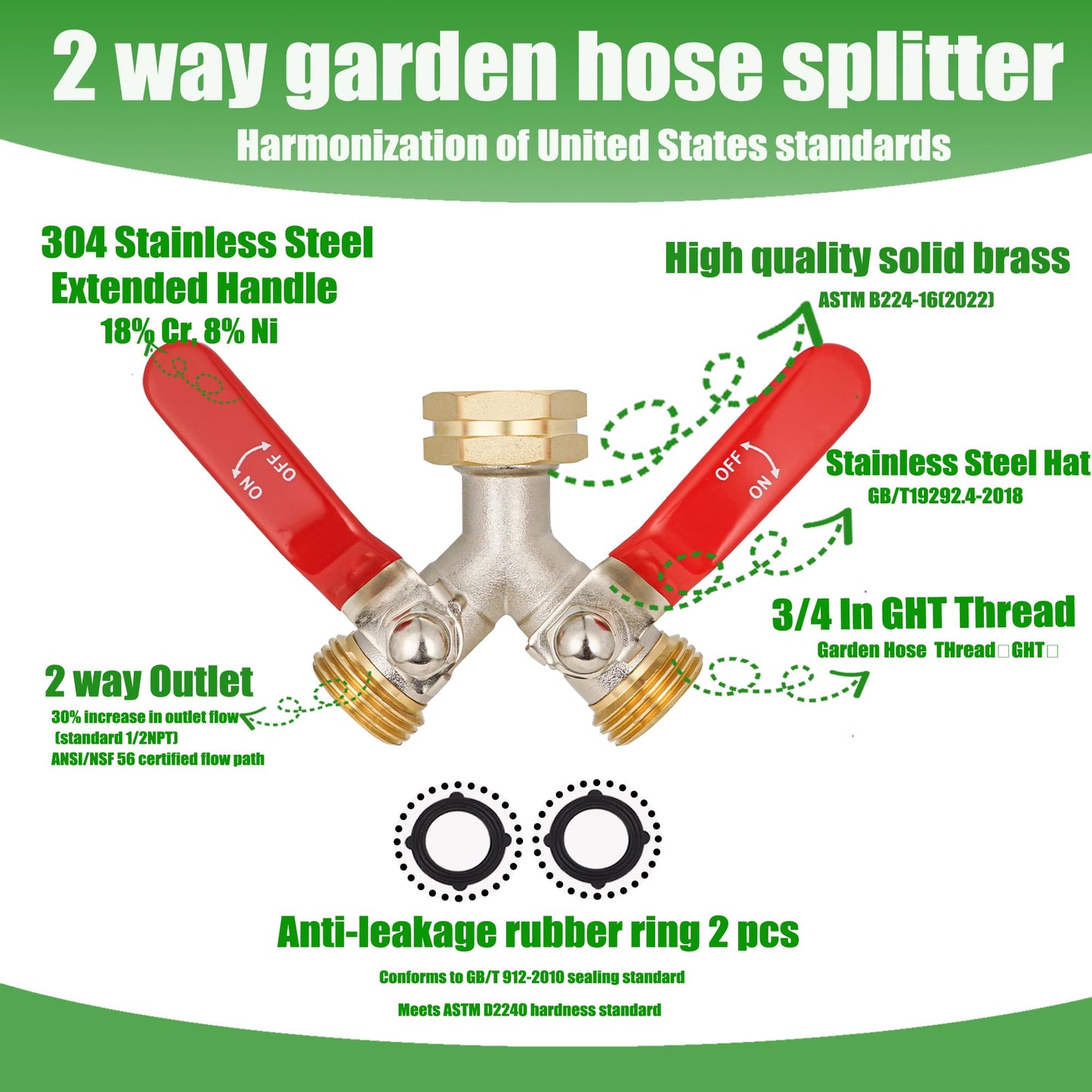 EJW Hose Splitter 2 Way, Garden Hose Splitters, Heavy Duty Faucet Splitter,Rv Brass Water Hose Y Splitter, Double Hose Connector, Spigot Splitter, Two Way Hose Manifold Valve 3/4 Inch GHT Thread.