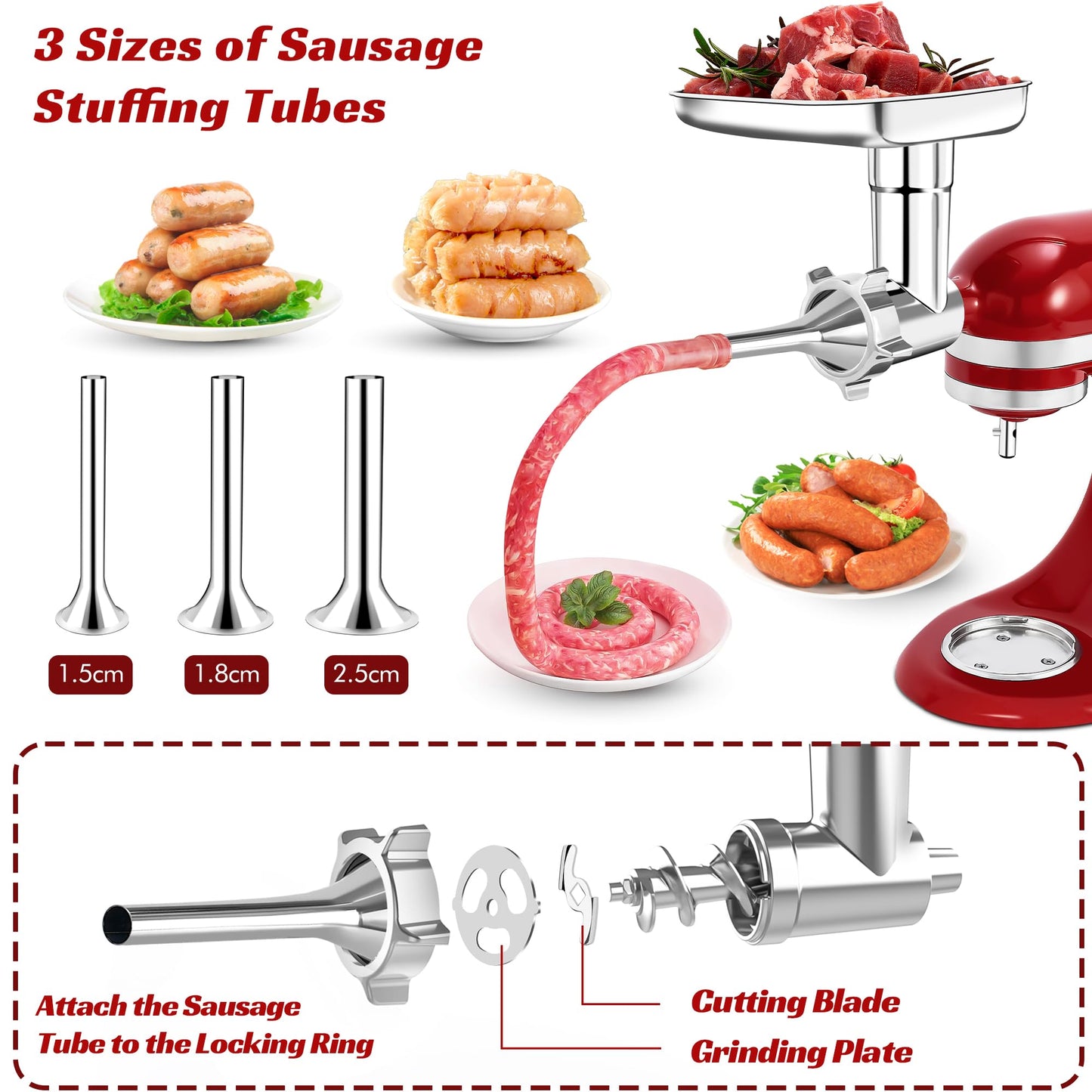 100% Polished Stainless Steel Meat Grinder Attachment for KitchenAid Mixer, Dishwasher Safe, Uncoated Meat Grinder Attachment Anti-Oxidation, Seamless Sausage Stuffer, Thickening Grinding Plate, 18PCS