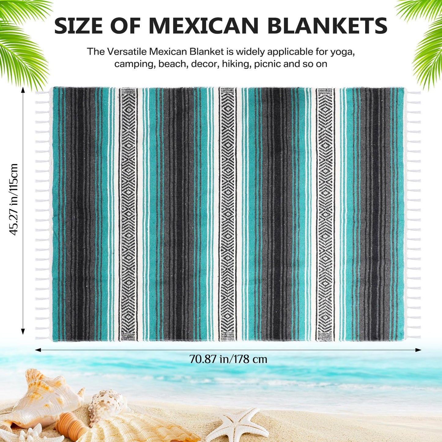 Oudain 4 Pcs Mexican Blankets Bulk Handwoven Mexican Yoga Blanket Towel Colorful Falsa Serape Woven Throw Blanket Boho Beach Blankets for Outdoor Camping Beach Picnic Travel Home (Blue Green)