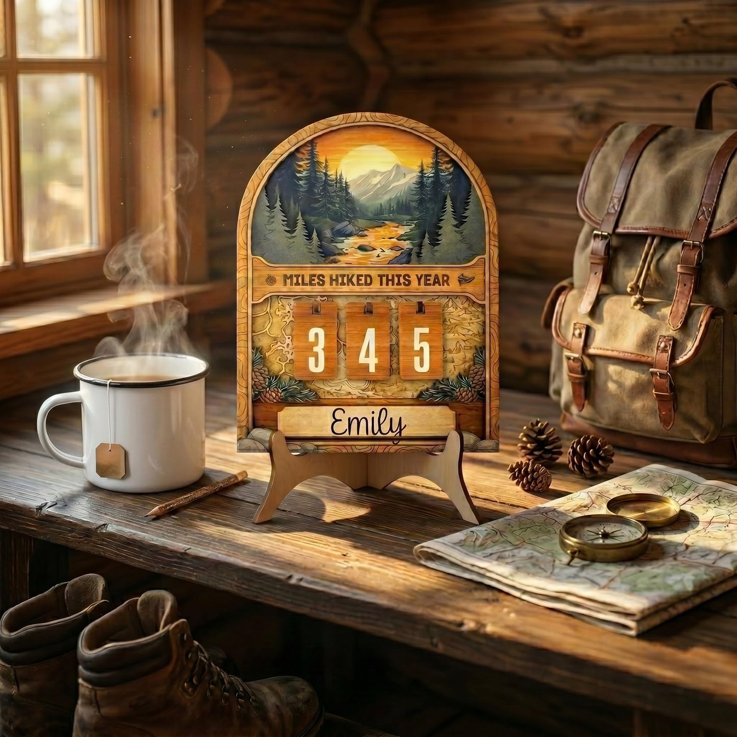 Hiking Gifts For Men Women Miles Hiked This Year Counter Personalized Wooden Trail Tracker Mountain Forest Decor With Hiking Ornament Pen Storage Box Unique Birthday Father Mothers Day Christmas