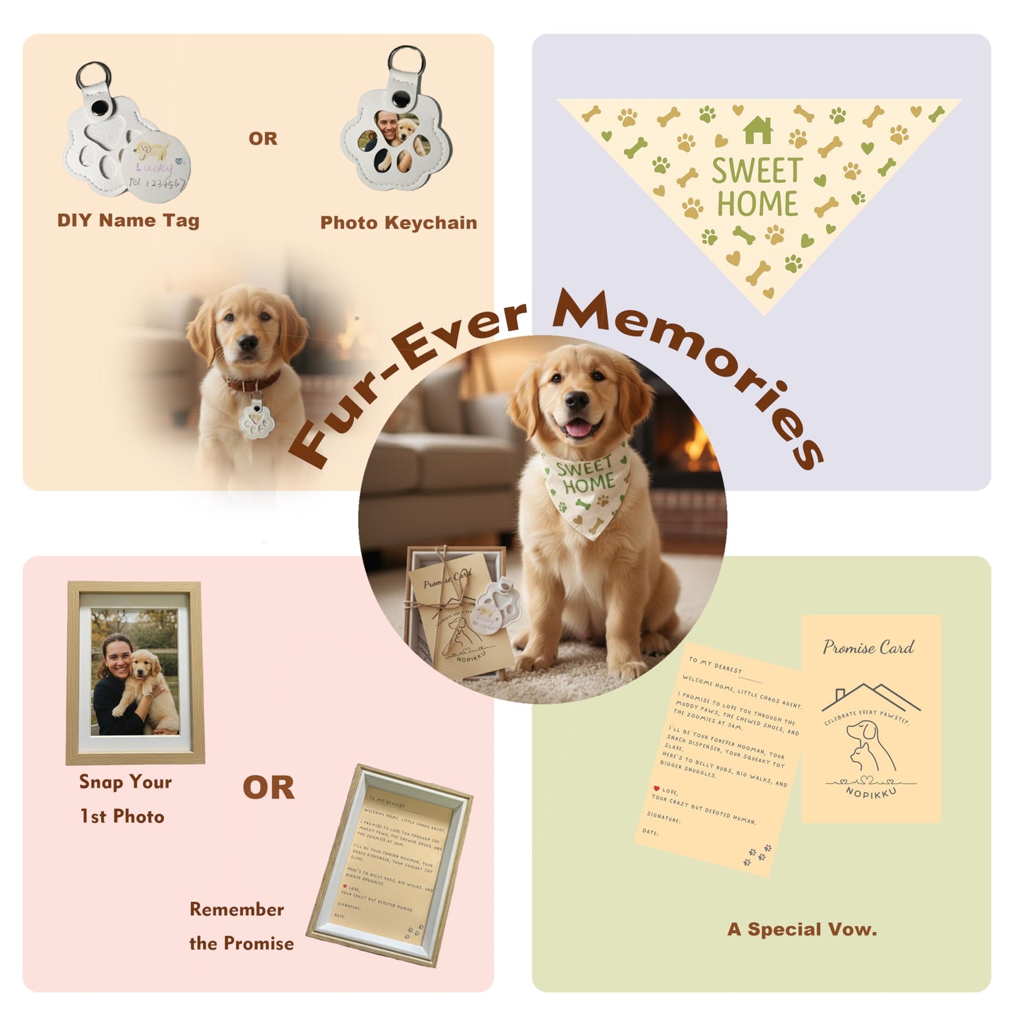 Nopikku Sweet Home Pet Welcome Gift Box for New Dog Owners, Keepsake Set with Bandana, Paw Print Name Tag, Promise Card & Photo Frame, Thoughtful Gift for Puppy Adoption