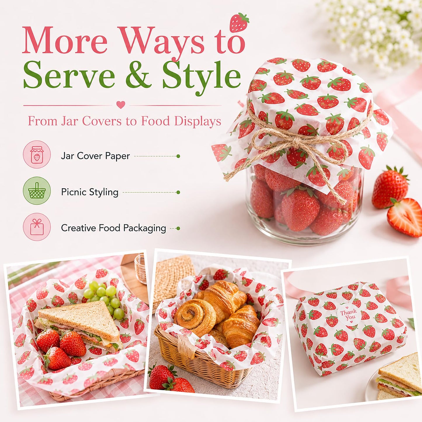 150 Sheets Strawberry Wax Paper for Food Deli, 9.8 x 8.3'' Preppy Strawberry Patterns Greaseproof Sandwich Wrapping Paper for Picnic Basket Liner Summer Birthday Party Supplies