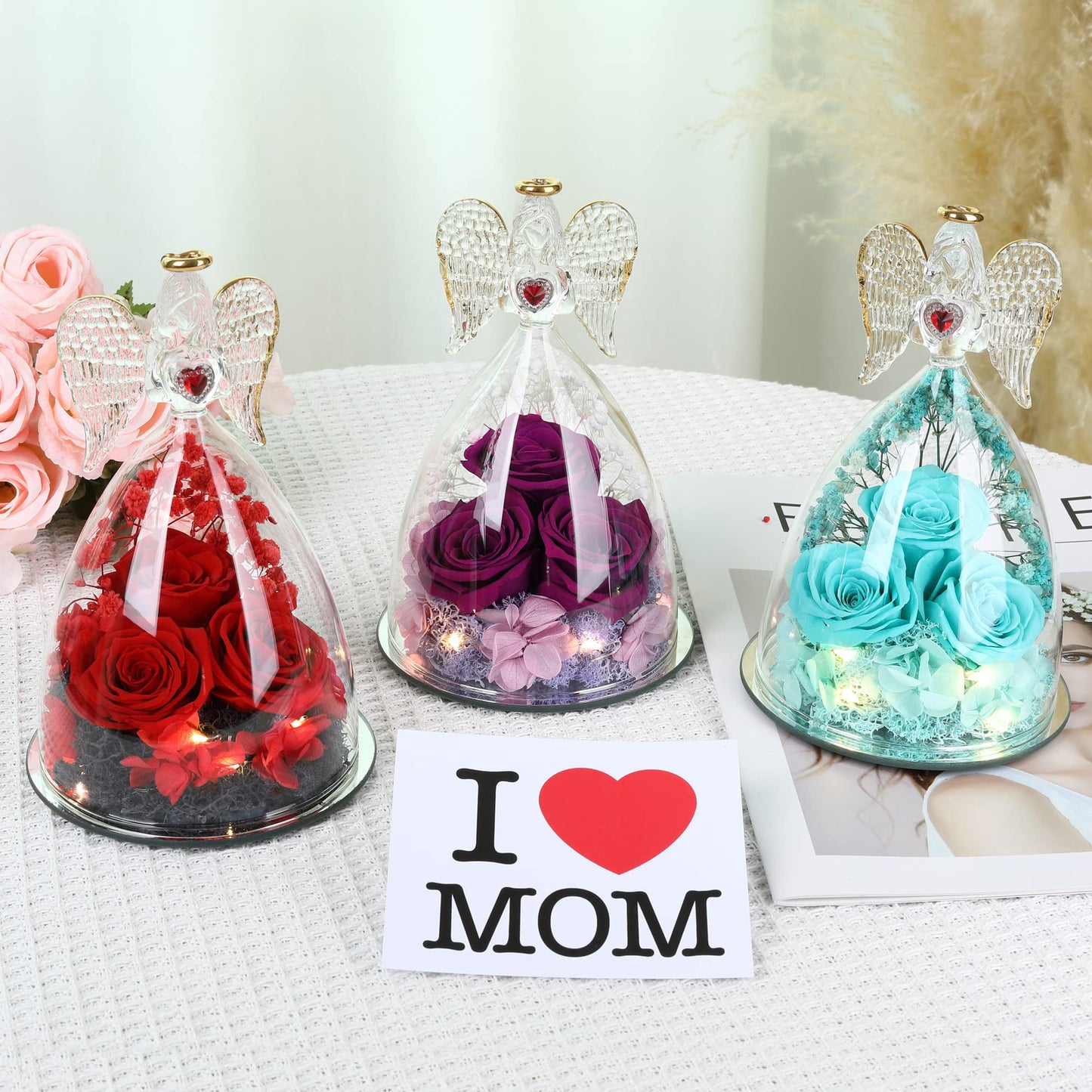 Tiaronics Mothers Day Rose Gifts for Women, Large Angel Figurines with Real Roses, Preserved Real Flower Rose for Her - Red