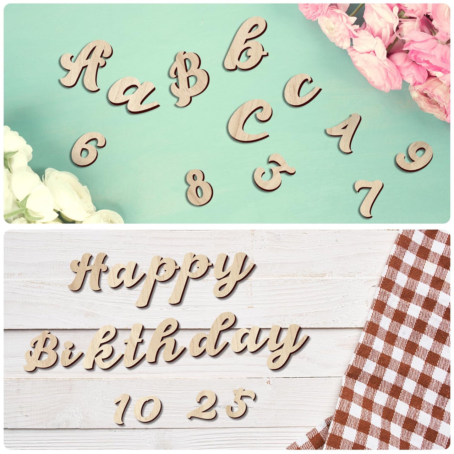 Gerrii 320 Pcs 2'' Wooden Letters and Numbers Crafts Unfinished Cursive Wooden Alphabet a to Z, Wood Numbers 0 to 9 Sign for DIY Wall Decor Painting Writing with Bonus Accessories Instructions