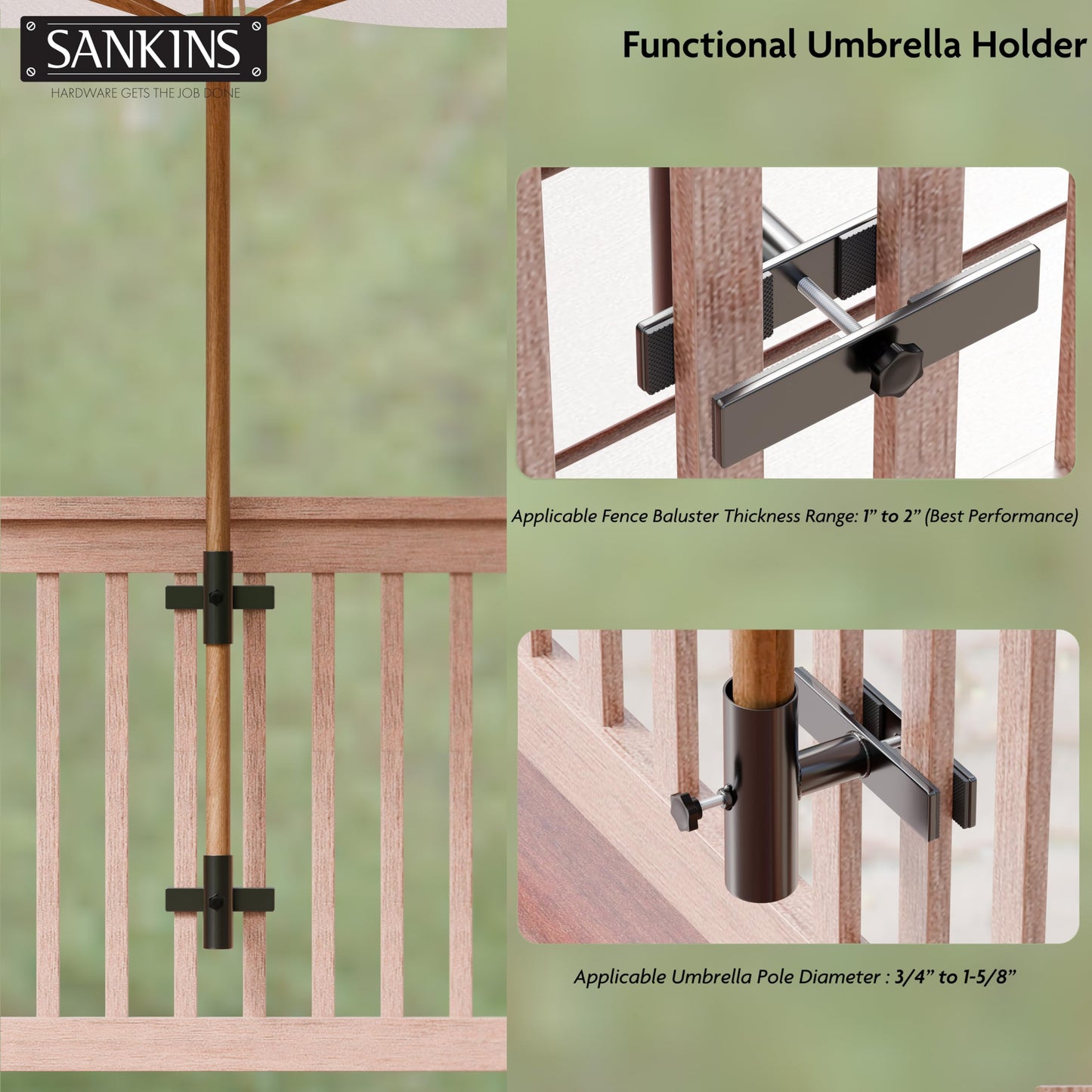 SANKINS Patio Umbrella Holder for Deck Railing, Adjustable Patio Umbrella Base Outdoor Umbrella Stand, Patio Umbrella Clamp Deck Umbrella Mount for Balcony, Patio Railing