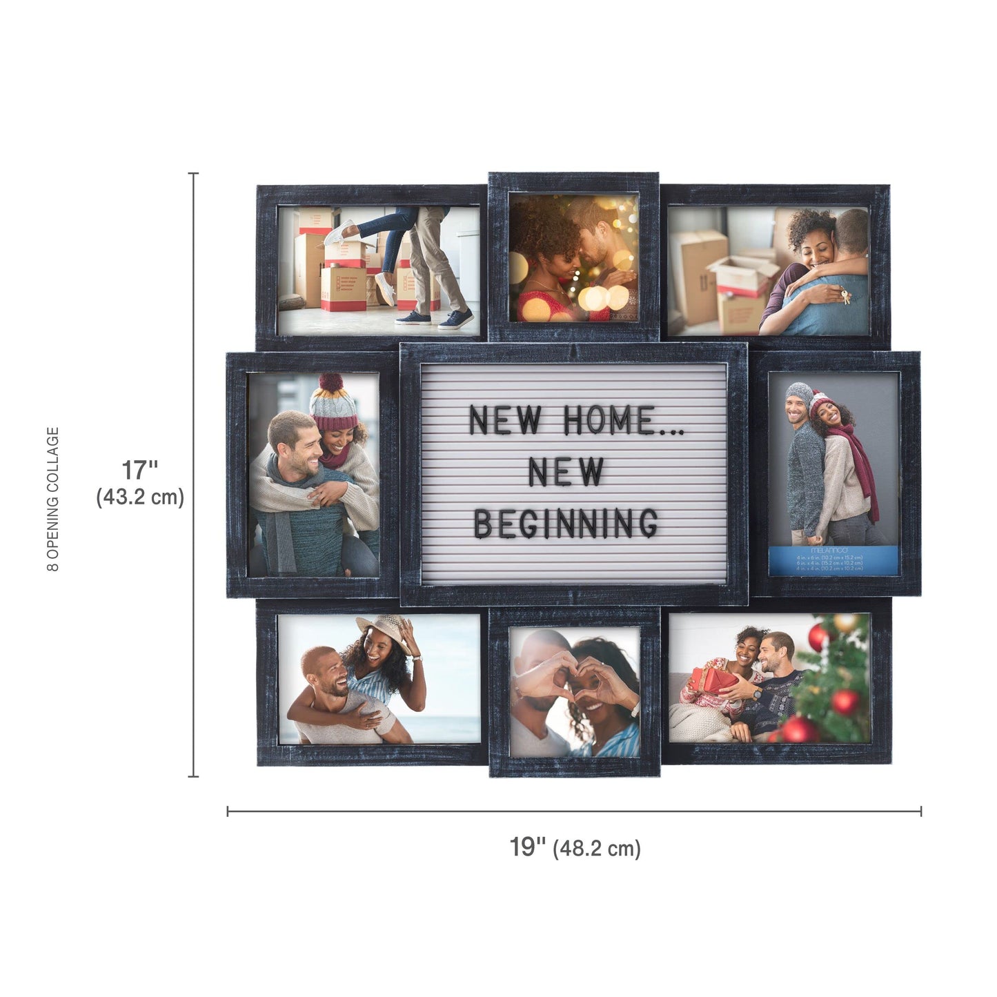 MELANNCO Collage Picture Frame with Letter Board, 8 Opening Photo Display for 4x6 and 4x4 Photos, 19 x 17 Inch Wall Decor with 144 Changeable Letters, Numbers and Symbols, Distressed Black