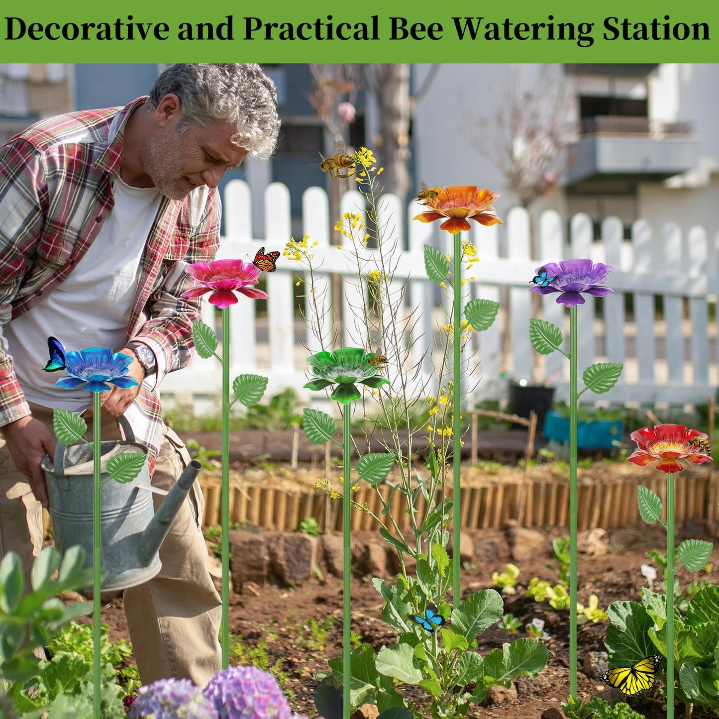 Retyion 4 Pack Bee Watering Station - Flowers Butterfly Feeder, Bee Water Feeders for Outside, Metal Garden Decor, Bee Baths for Garden Yard Patio (Blue,Yellow,Red,Green)