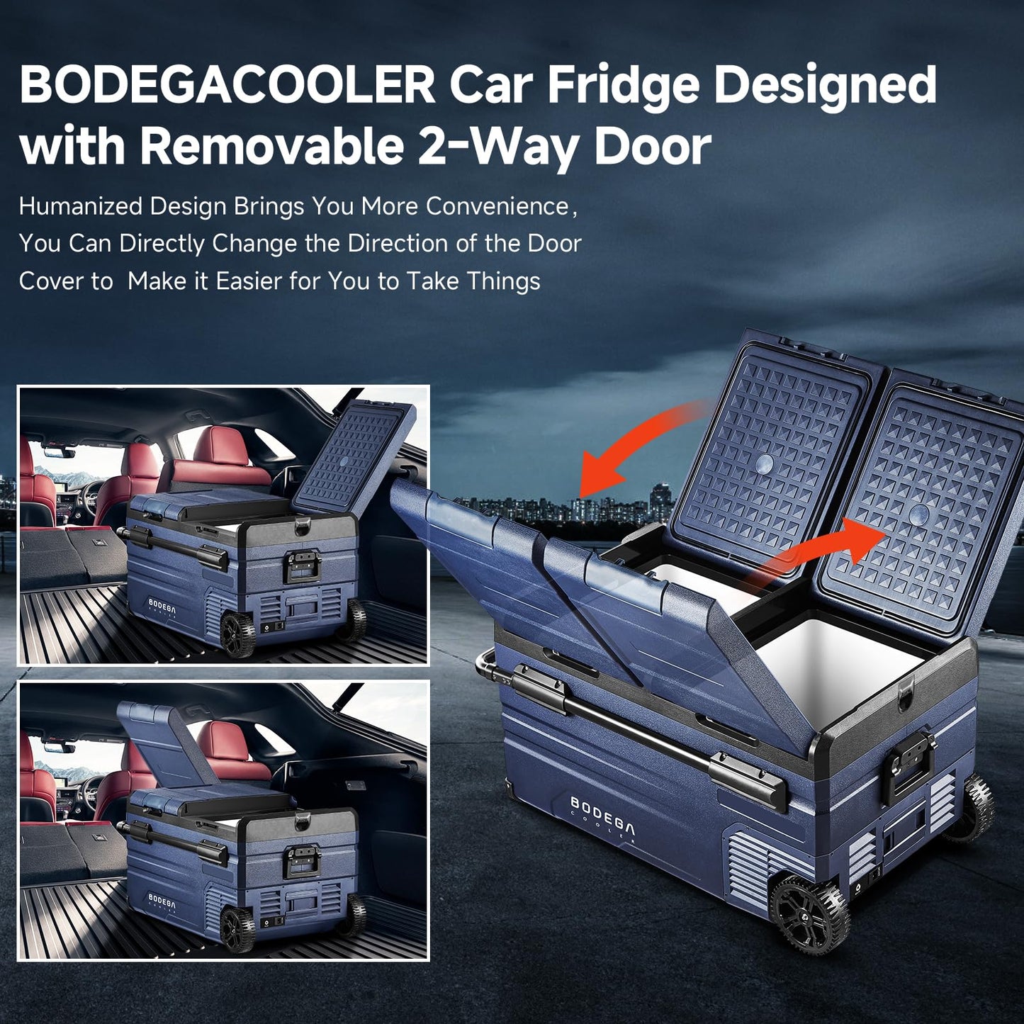BODEGACOOLER 12V Car Refrigerator,80QT Dual Zone Portable Refrigerator and Freezer with App Control, Electric Cooler for Vehicle & Home Use, Built-in Battery Protection, Wheel & Retractable Handle