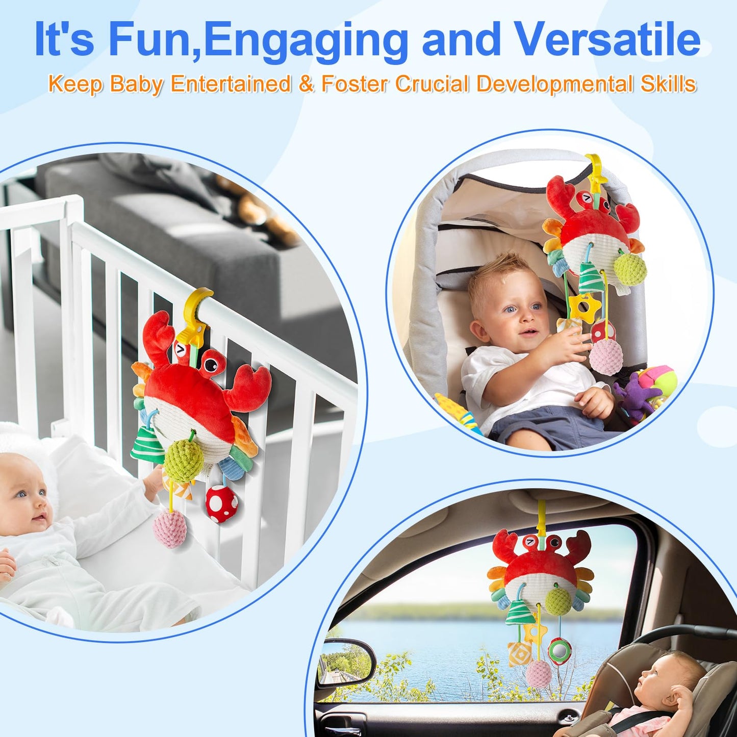 Lynncare Car Seat Toy for Babies 0-6 Months, Stroller Toy with a Convenient Clip, Carseat Toys Hanging Baby Accessories,Built-in Bell, Rattle,Mirror for Infant,Babies Gift 0-3-6-12 Months Boy Girl