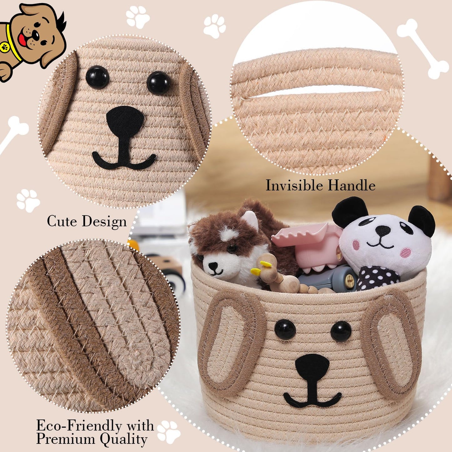 Zopeal Dog Woven Basket, 7.9" D x 6" H Cotton Rope Toy Storage Organizer, Dog Mom Gift Empty, Cute Laundry Puppy Gift Animal Basket for Clothes, Towels, Toy, Laundry, Bathroom, Home(Khaki, Beige)