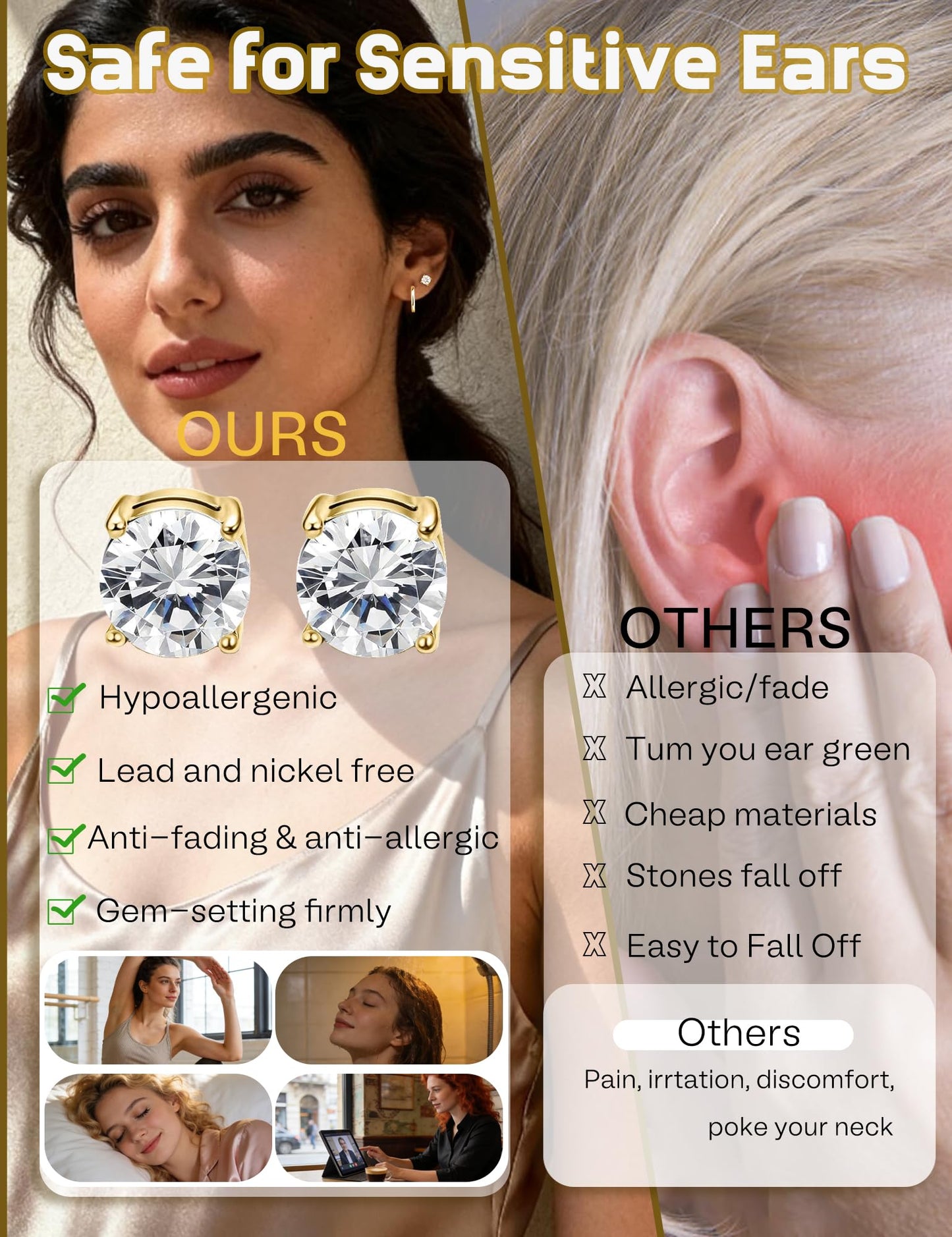 SIISPRI Magnetic Earrings for Men and Women,4 Pairs Clip on Earring Hypoallergenic Shiny Cubic Zirconia Stud Earrings Unisex Non Pierced Silver Ear Cuff Gold Fake Huggie Earrings Set (Gold)