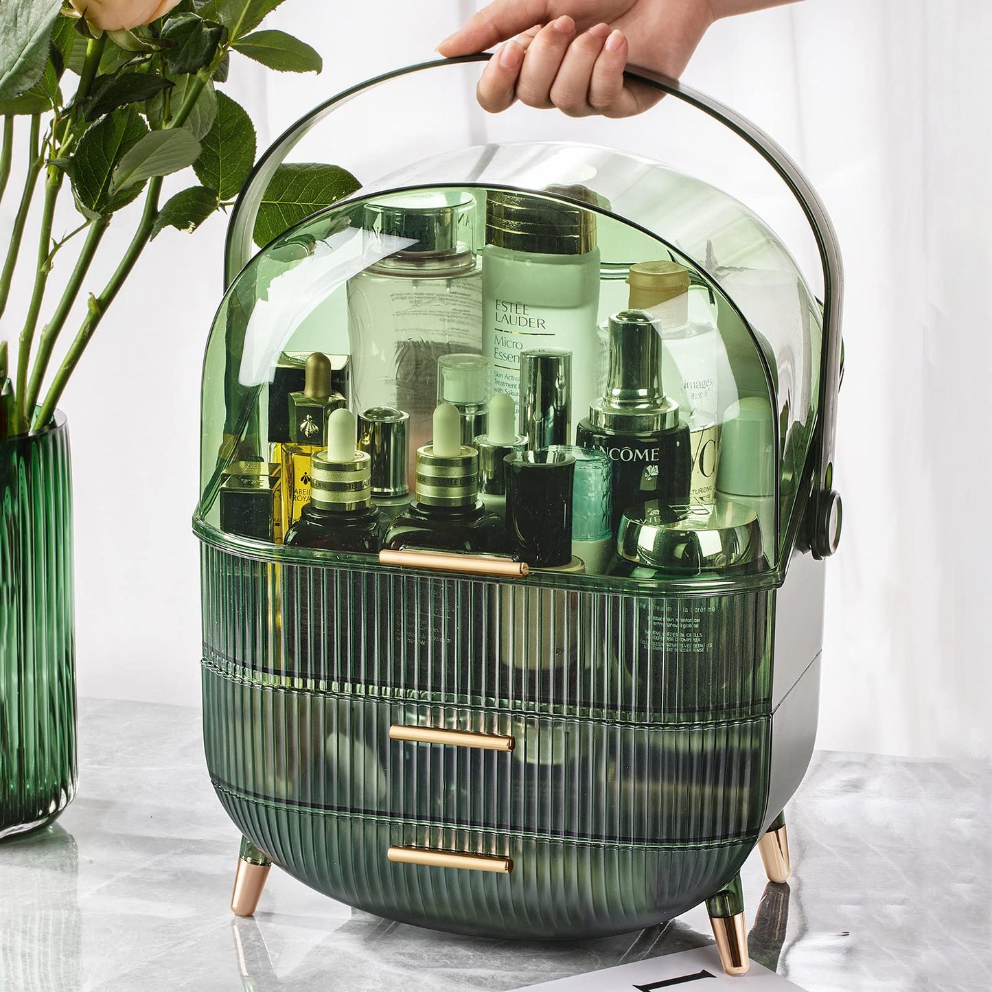 CANITORON Makeup Organizer,Large Capacity Skincare Organizer for Vanity,Cosmetic Organizer with 2 Drawers and Makeup Brush Holder for Bedroom Countertop and Bathroom Countertop Storage.(LGreen)