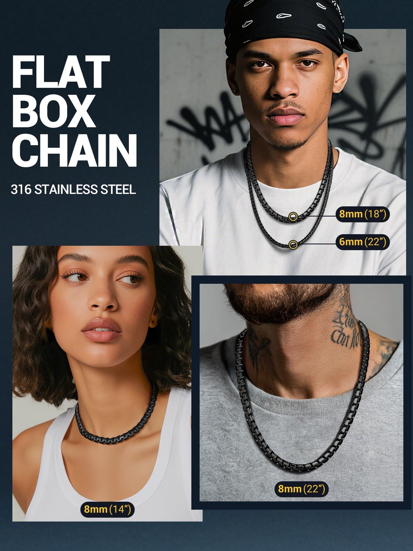 PROSTEEL Mens Chain Necklaces Black Stainless Steel Choker 8mm Chunky Flat Box Necklace for Women Hip Pop Jewelry