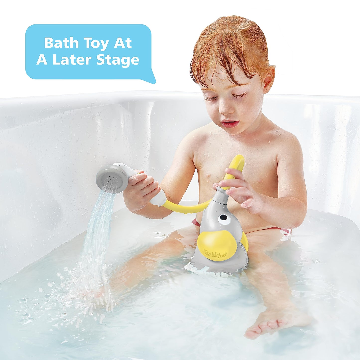 Yookidoo Baby Bath Shower Head - Elephant Water Pump and Trunk Spout Sprayer and Rinser-Control Water Flow from 2 Knobs Baby Bath Time Essentials for Newborn Babies in Tub Or Sink (Yellow)
