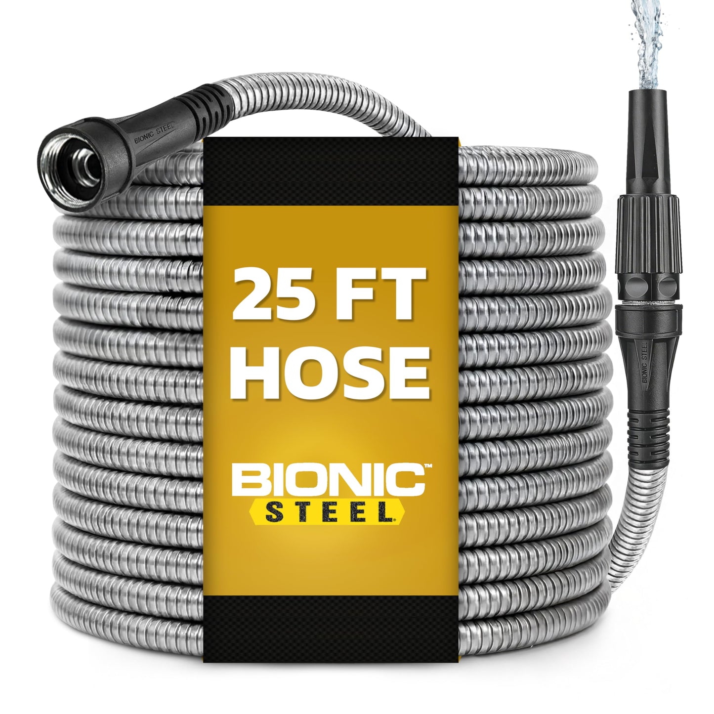 Bionic Steel 25 Ft Metal Garden Hose with Nozzle, 25Ft x 5/8 In. Premium 304 Stainless Steel Metal Water Hose, Flexible Non Kinking, Lightweight, Heavy Duty, for Yard, Outdoor