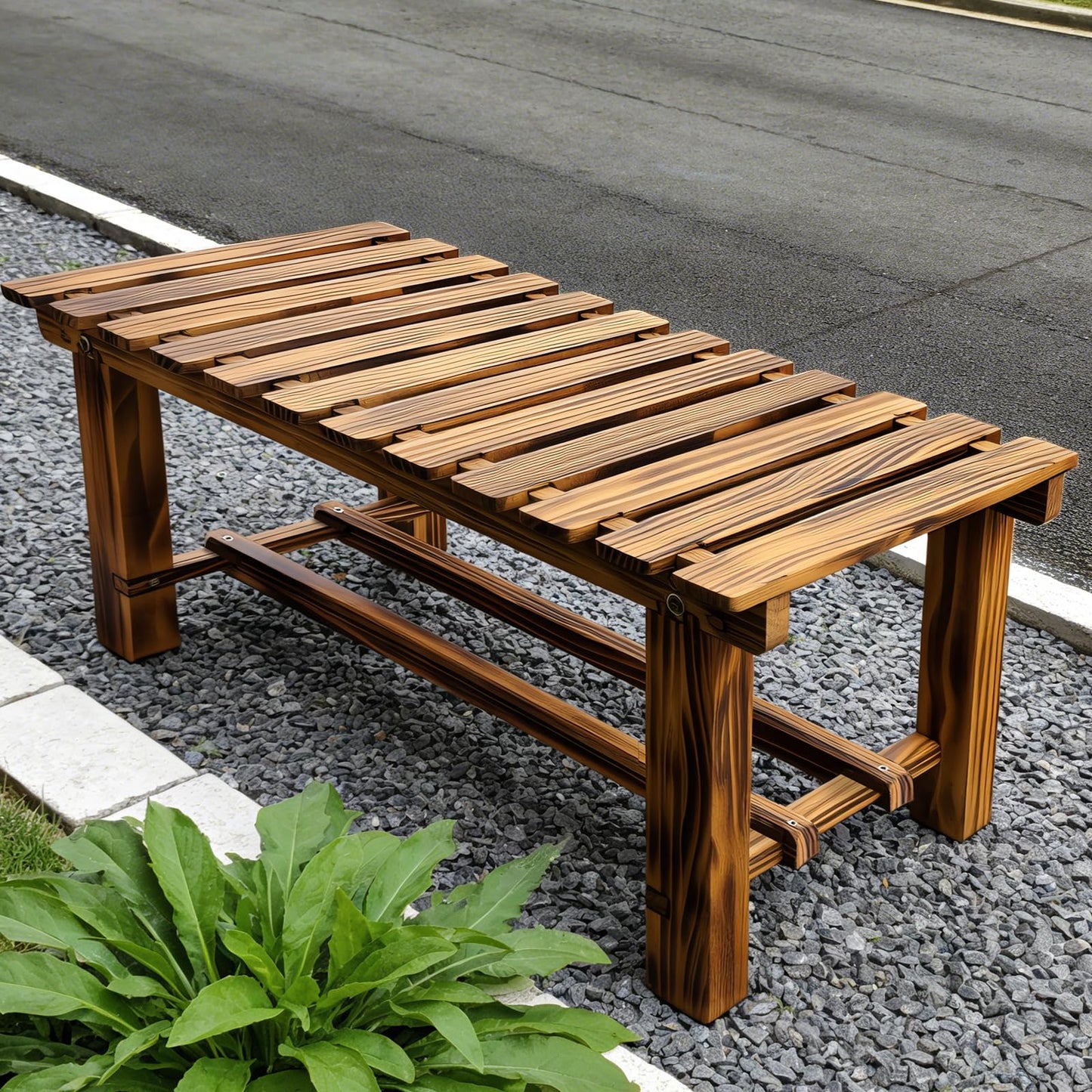 HAOIOKSC 35.5" Outdoor Garden Bench, Weatherproof 2-Person Backless Wooden Bench with Mortise-Tenon Structure – for Garden, Lawn, Porch, Backyard （Brown