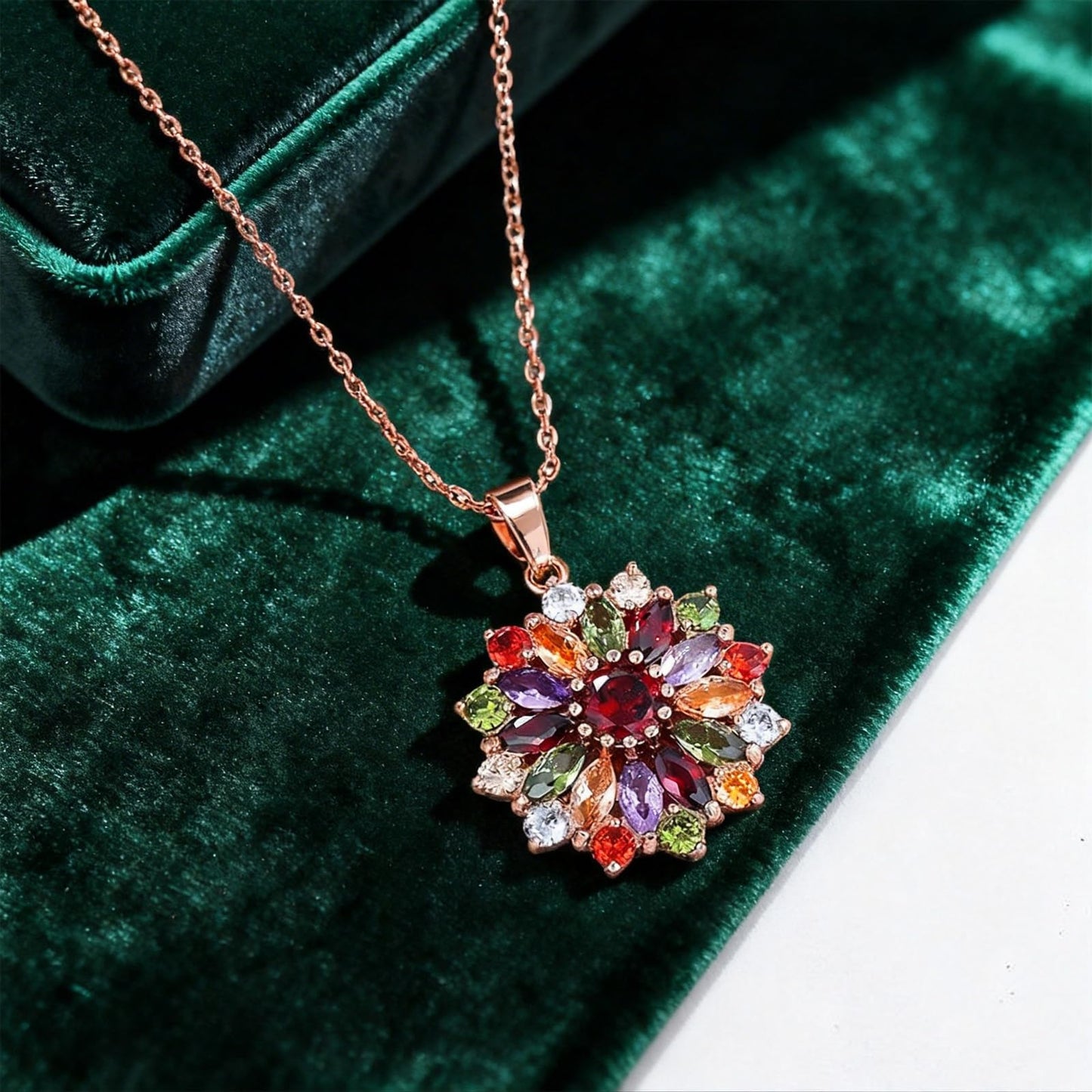 Kim Carrey Italian Elegant Rose Gold Necklace for Ladies | 18K Rose Gold Plated Necklace Pendant for Women | Gemstone necklace, Gift for Daughter, Wife, Mom, Her Jewelry (Colorful flowers)