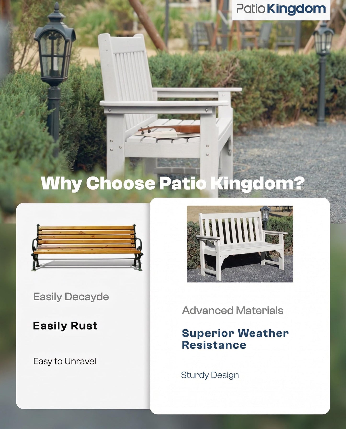 Patio Kingdom HDPE Garden Bench, All Weather 2-Person Outdoor Benches, Rust Free & Fade Resistant Patio Benches for Garden, Porch, Backyard, Deck, Lawn, Balcony, Poolside (White, 1 Beach)