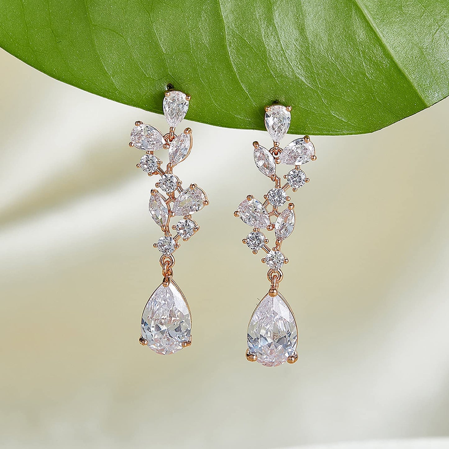 SWEEETV Bridal Wedding Earrings for Brides Bridesmaides-Marquise Teardrop Earrings for Women, Cubic Zirconia Drop and Dangle Earrings for Prom or Pageant,Jewelry, Rose Gold