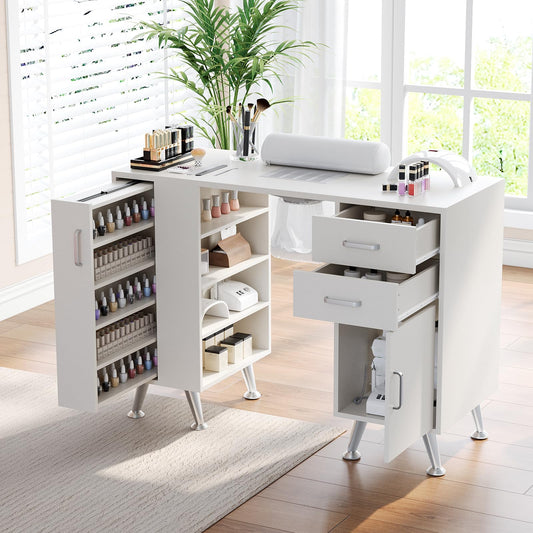 42" Professional Manicure Table for Nail Tech with Electric Dust Collector, Nail Desk with Vertical Pull-Out Locker, 1 Storage Cabinet, 2 Drawers Open Shelves & Wrist Rest for Beauty Salon