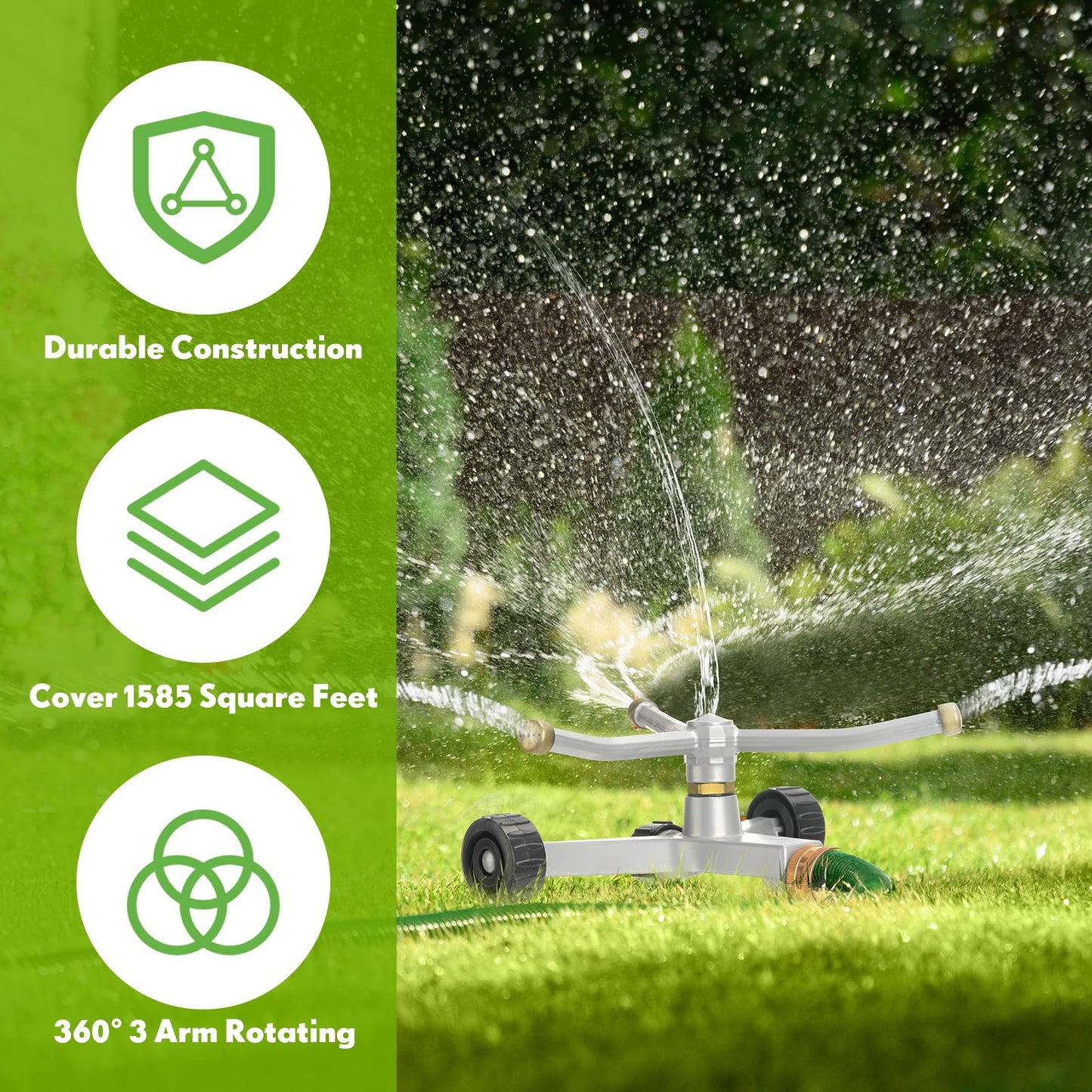 Tiangrid 2 Pcs Metal Rotary Lawn Water Sprinkler 3 Arm Heavy Duty Automatic Revolving Whirling with Wheeled Base for Lawn Yard Garden Backyard, Can Be Chained Together