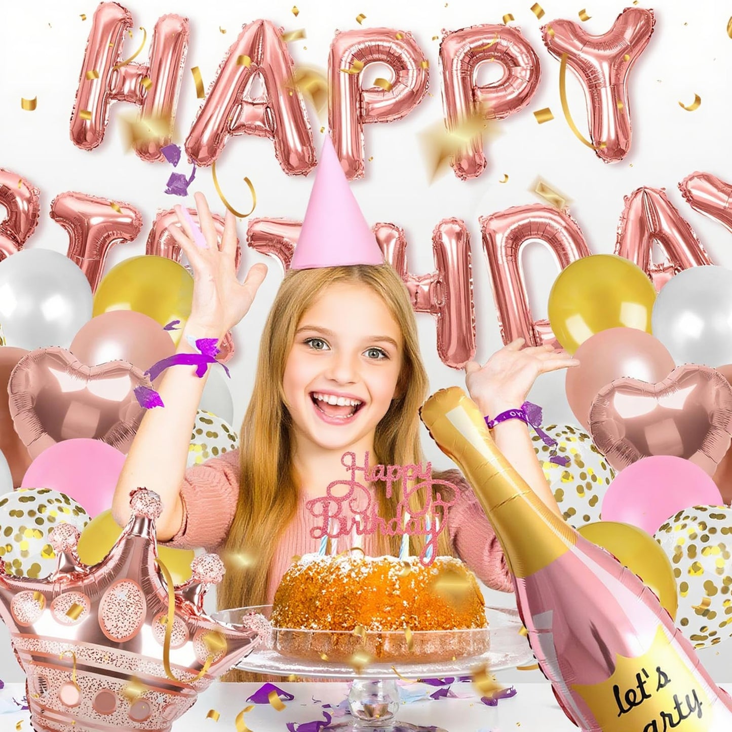 Pink Happy Birthday Decoration Kit: 96pcs Reusable Happy Birthday Banner & Balloon Garland Set, Pink Gold Party Supplies for Women Men Adults Kids, Backdrop Decor