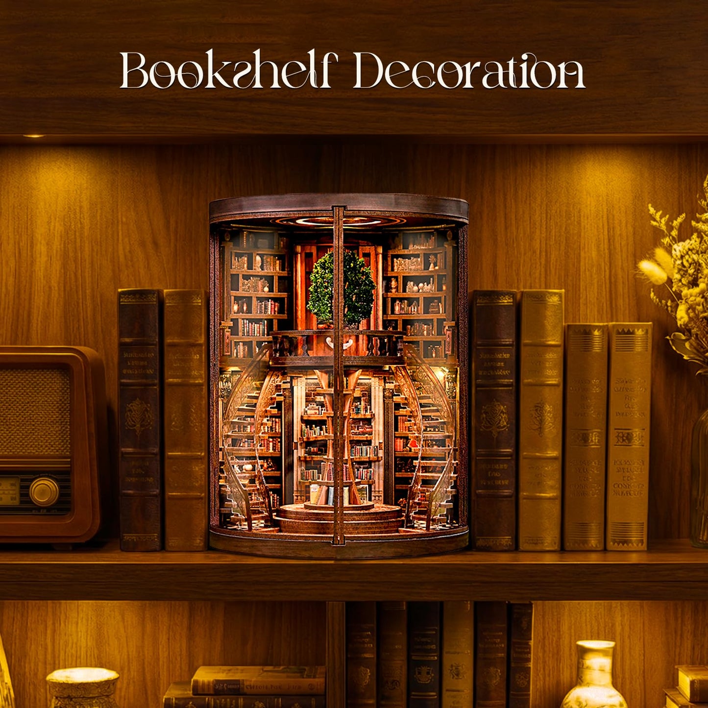 Kaayeewood Book Nook Kit, 3D Wooden Puzzles for Adults, DIY Miniature House Kit for Adults, Booknook with LED Light, Gifts for Family, Friends and Book Lovers, Bookshelf Decor(Wisdom Rings)