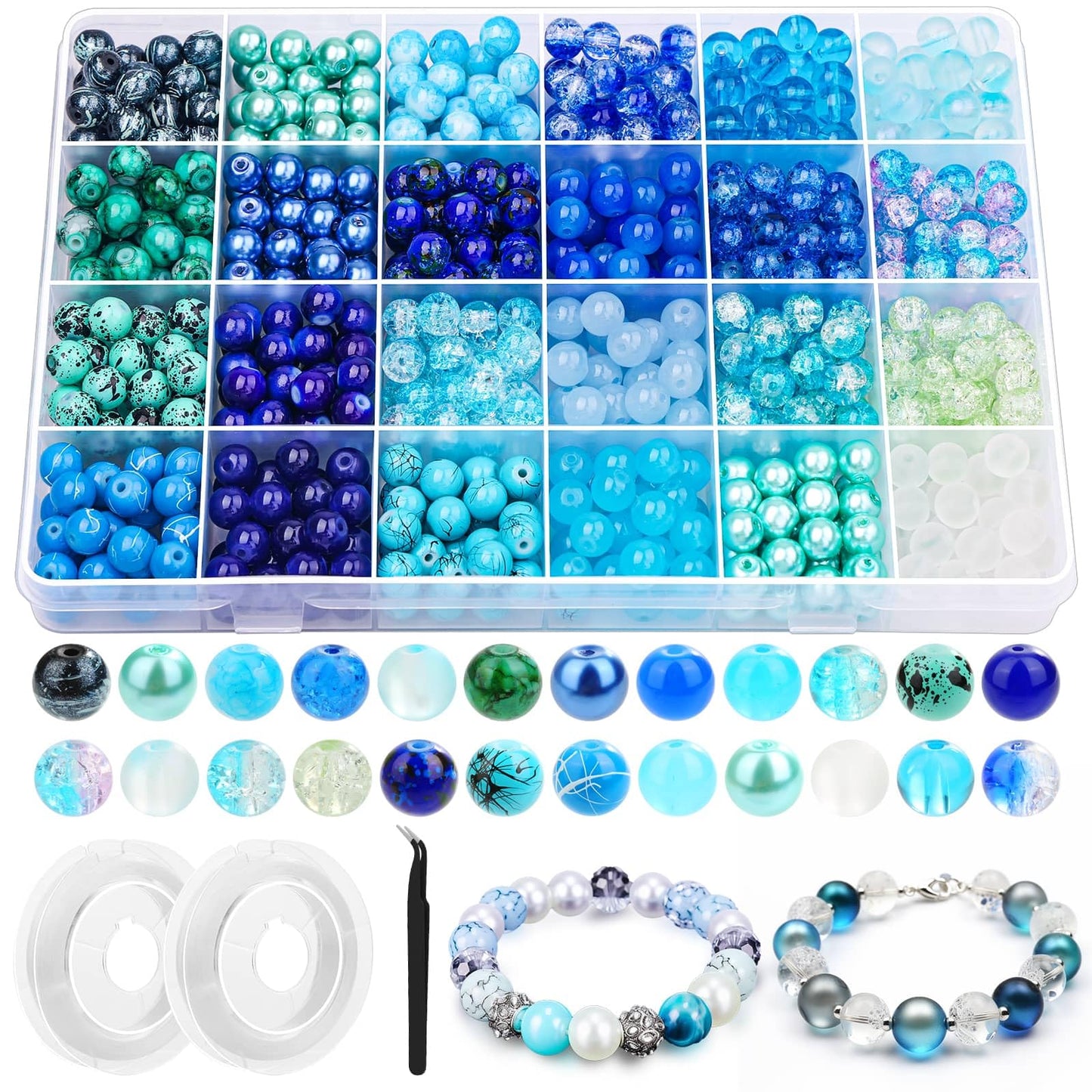 PAXCOO 720pcs Glass Beads for Jewelry Making 8mm, 24 Colors Bead Bracelet Making Kit Blue Round Loose Beads for Bracelet Earring Necklace Jewelry Making Supplies