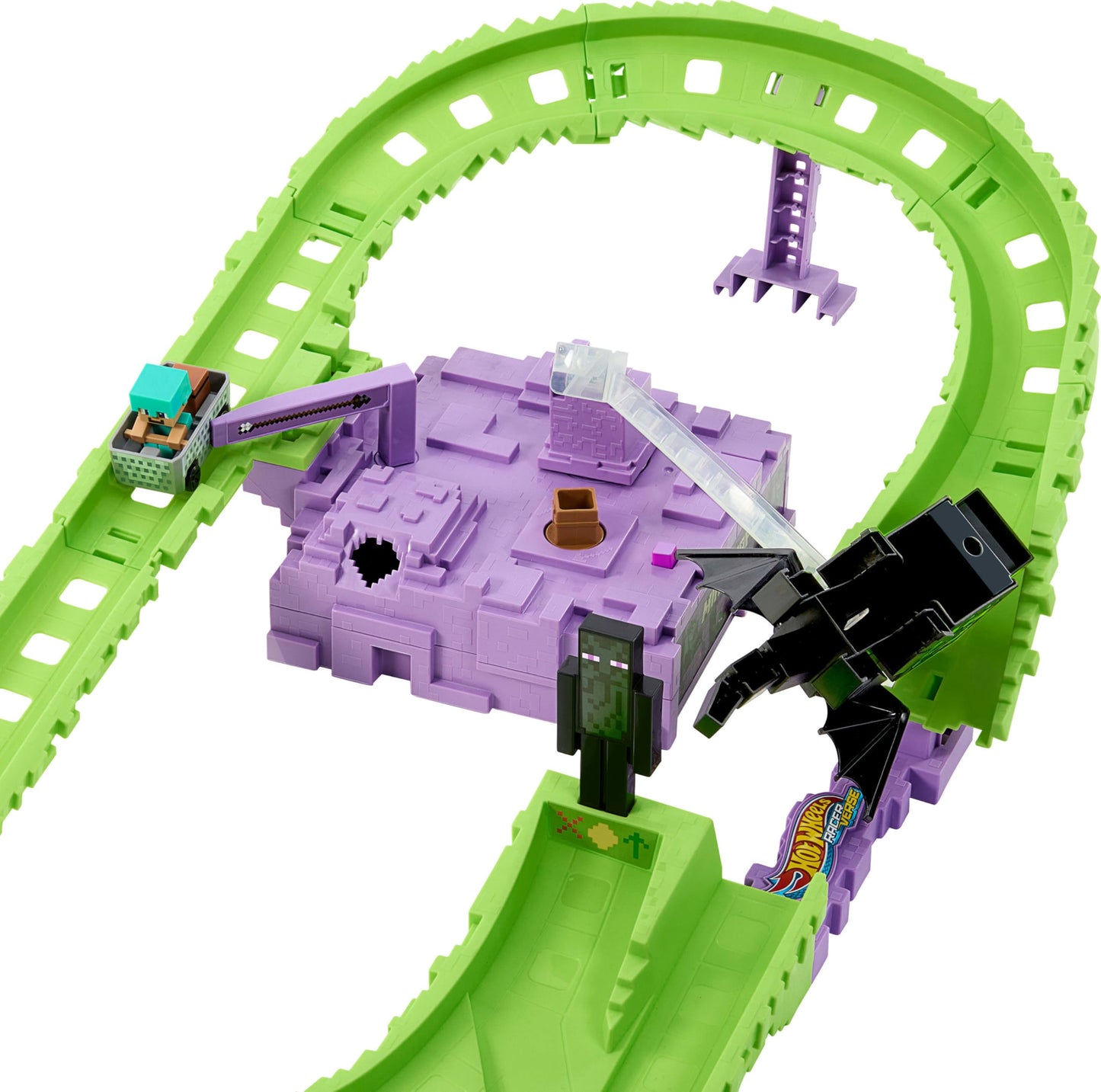 Hot Wheels Toy Car Track Set, RacerVerse Minecraft Playset & Die-Cast Diamond Armor Steve in Minecart Vehicle, Launch & Race to Defeat Ender Dragon