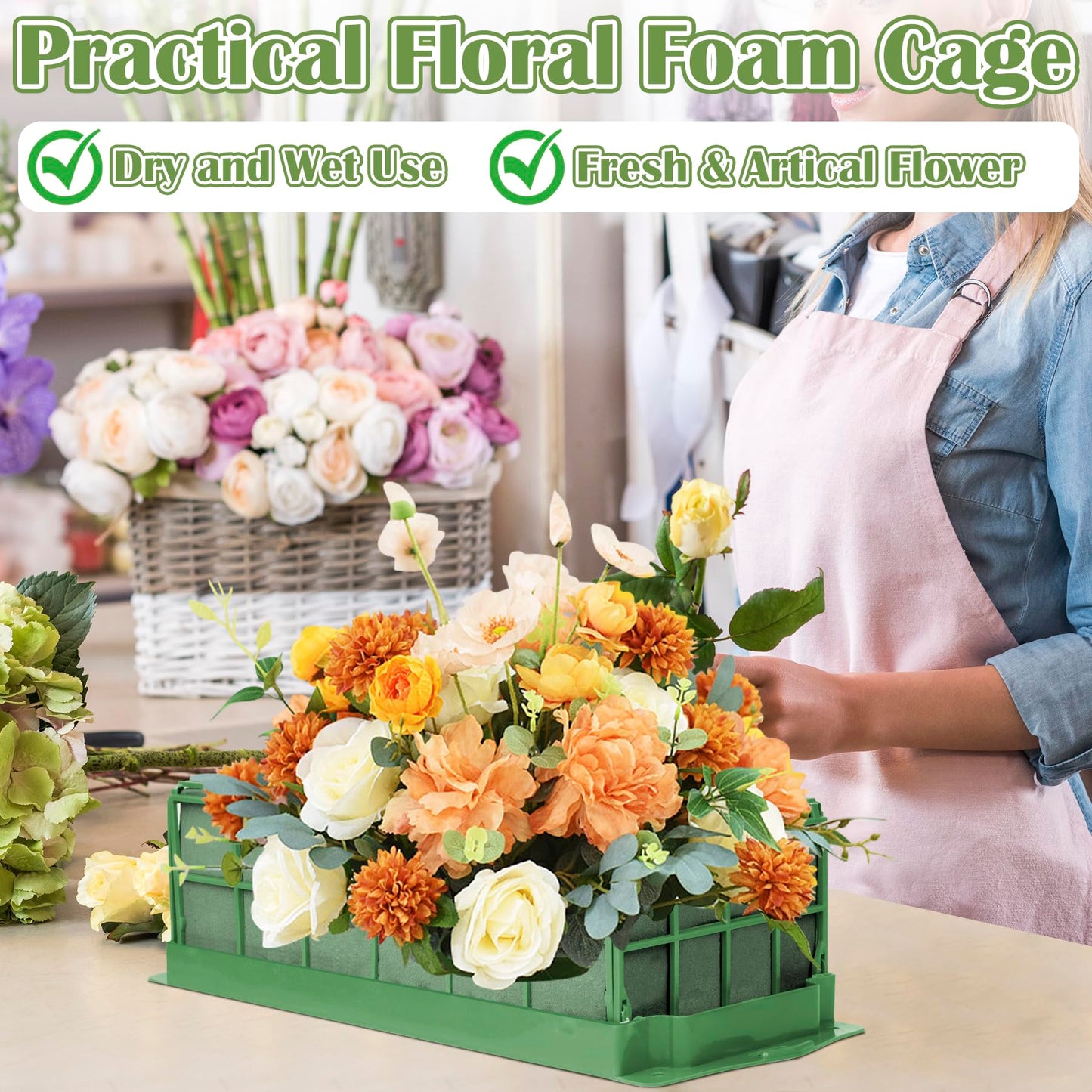 6PCS Floral Foam Cage, Flower Cage Holder, Dry and Wet Rectangle Flower Arrangement, Hangable Green Blocks Floral Foam Cages for Artificial Flesh Flower Wedding Holiday, Home, Garden Party Decorations