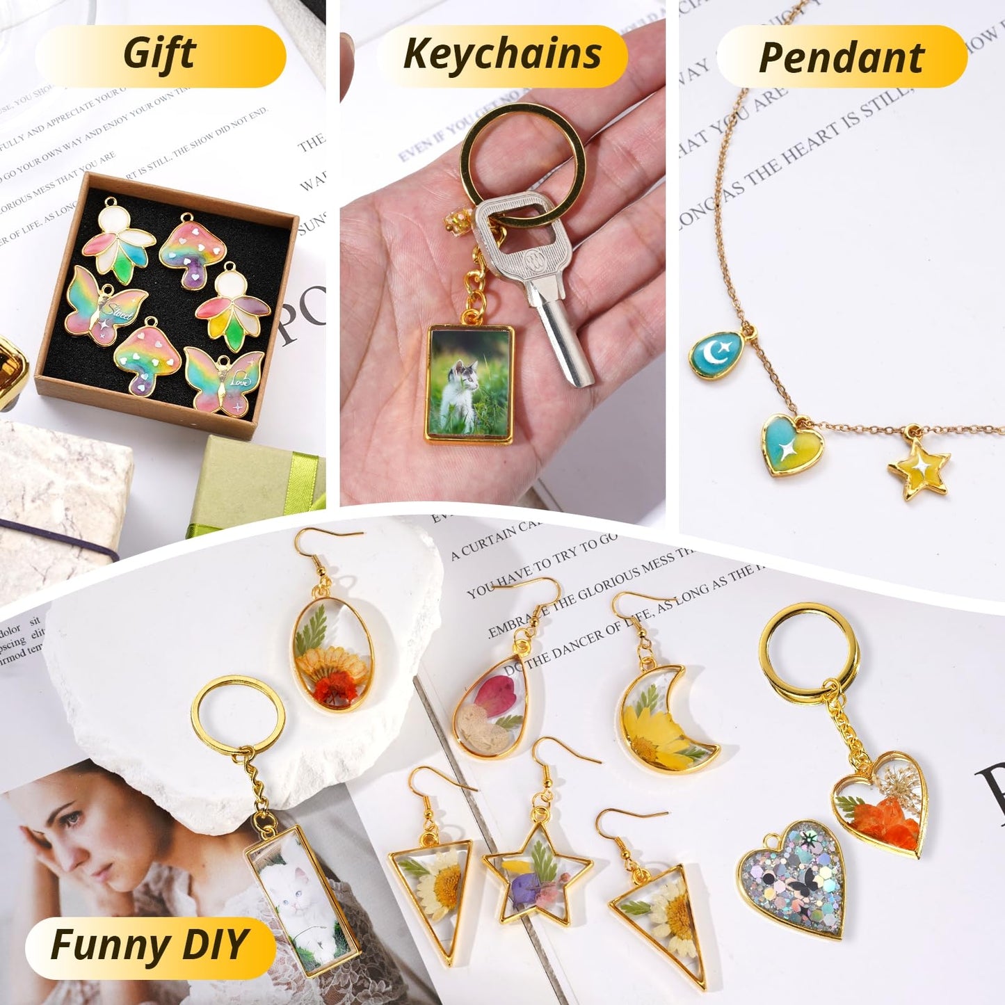 LET'S RESIN 172 pcs Open Bezels for Resin, 2 Size 36 Styles of Gold Hollow Frame Pendants Bezels with 100pcs Jump Rings, Unique Resin Bezels for Jewelry Making, Necklaces Earrings Making Supplies