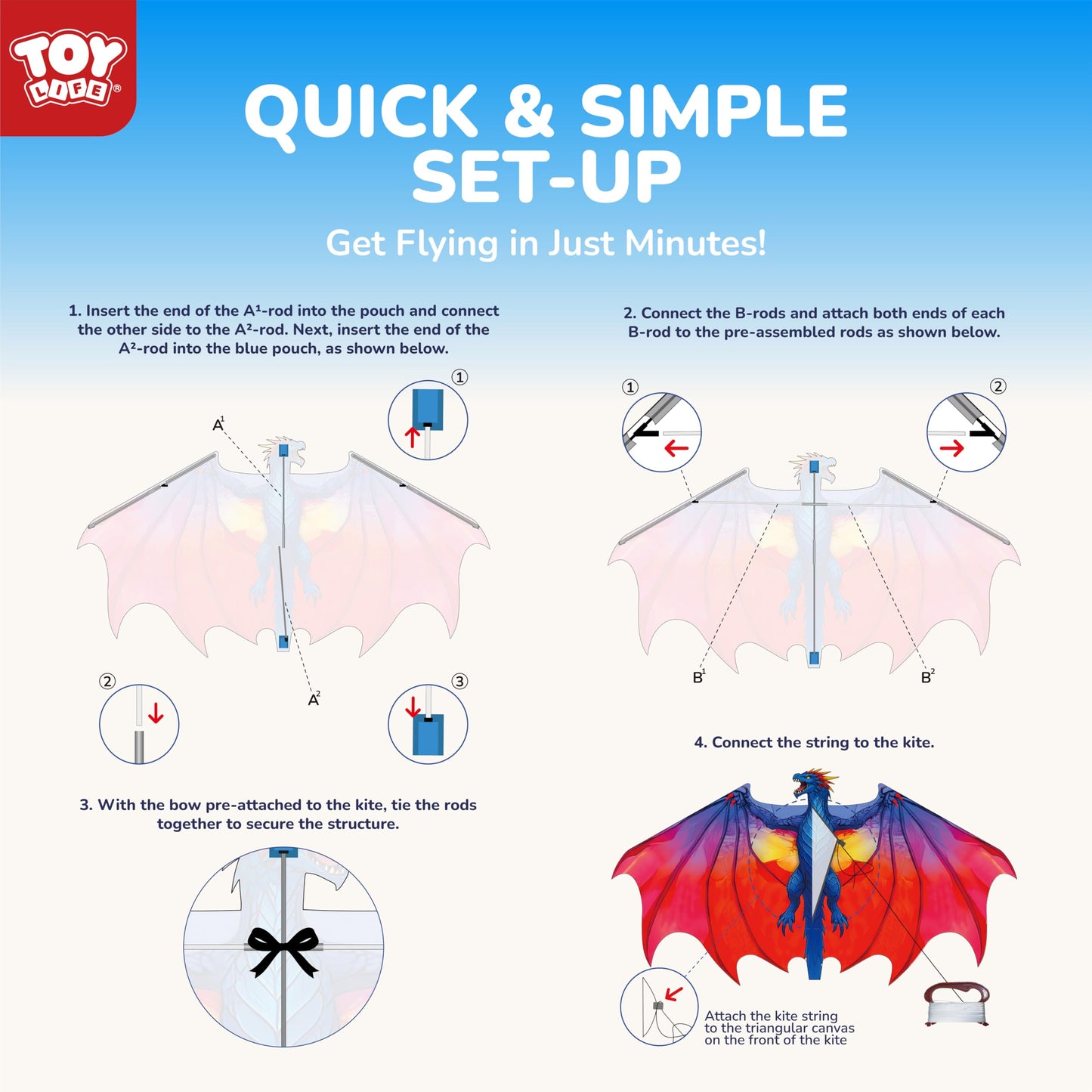 TOY Life 55.9'' Dragon Kites Easy to Fly for Kids Adults with 328.1 FT String, Beach Kite Outdoor Game Outside Toys Activity, Dragon Toys for Kids, Gift for Boys Ages 4-8